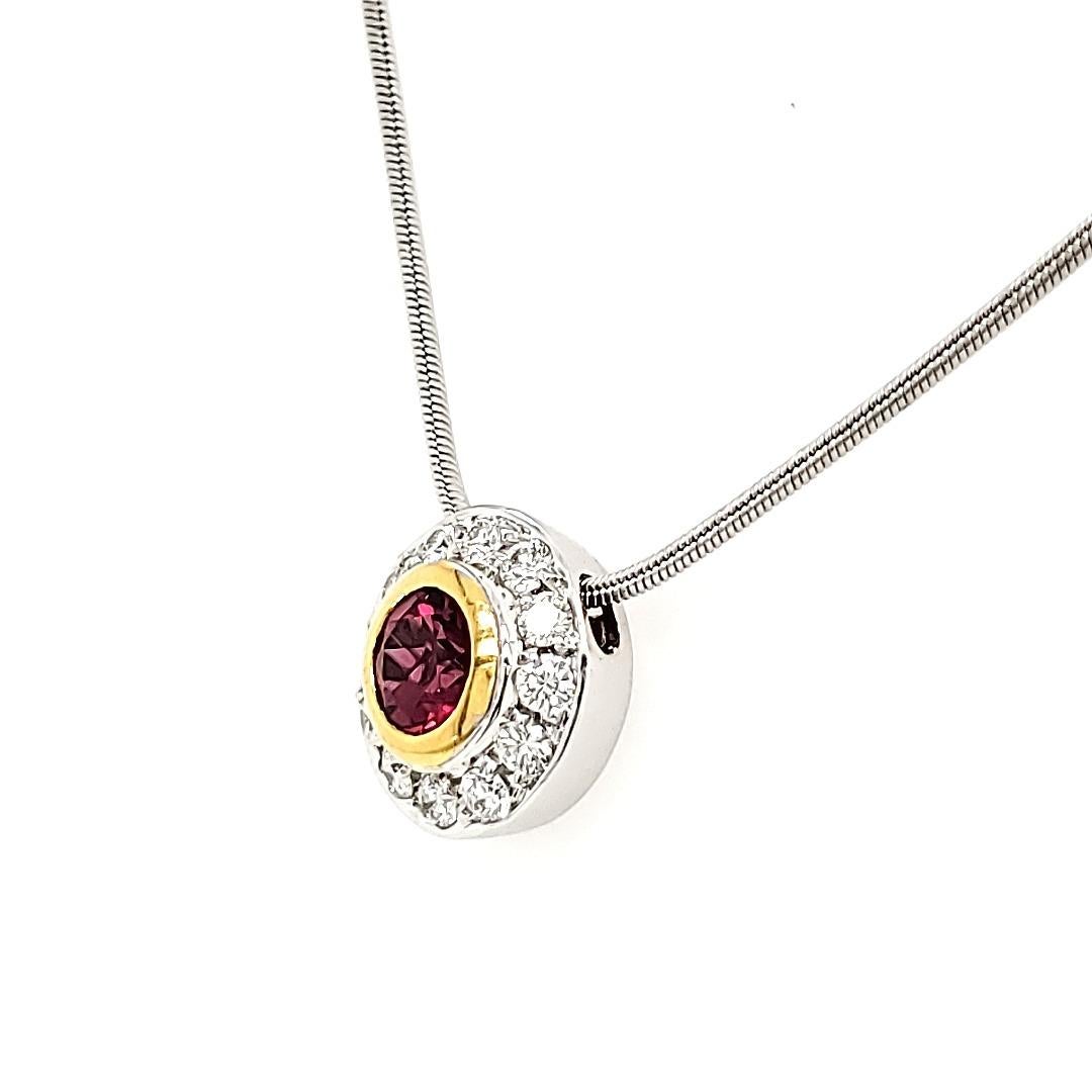 Round Cut Rubelite Round Pendant in 18k Gold Chain For Sale