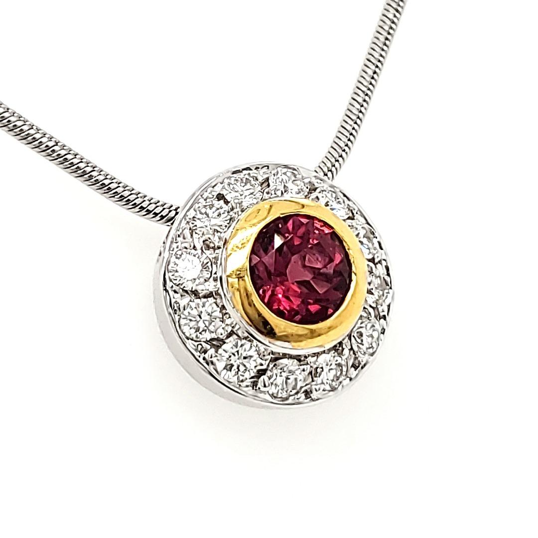 Women's or Men's Rubelite Round Pendant in 18k Gold Chain For Sale