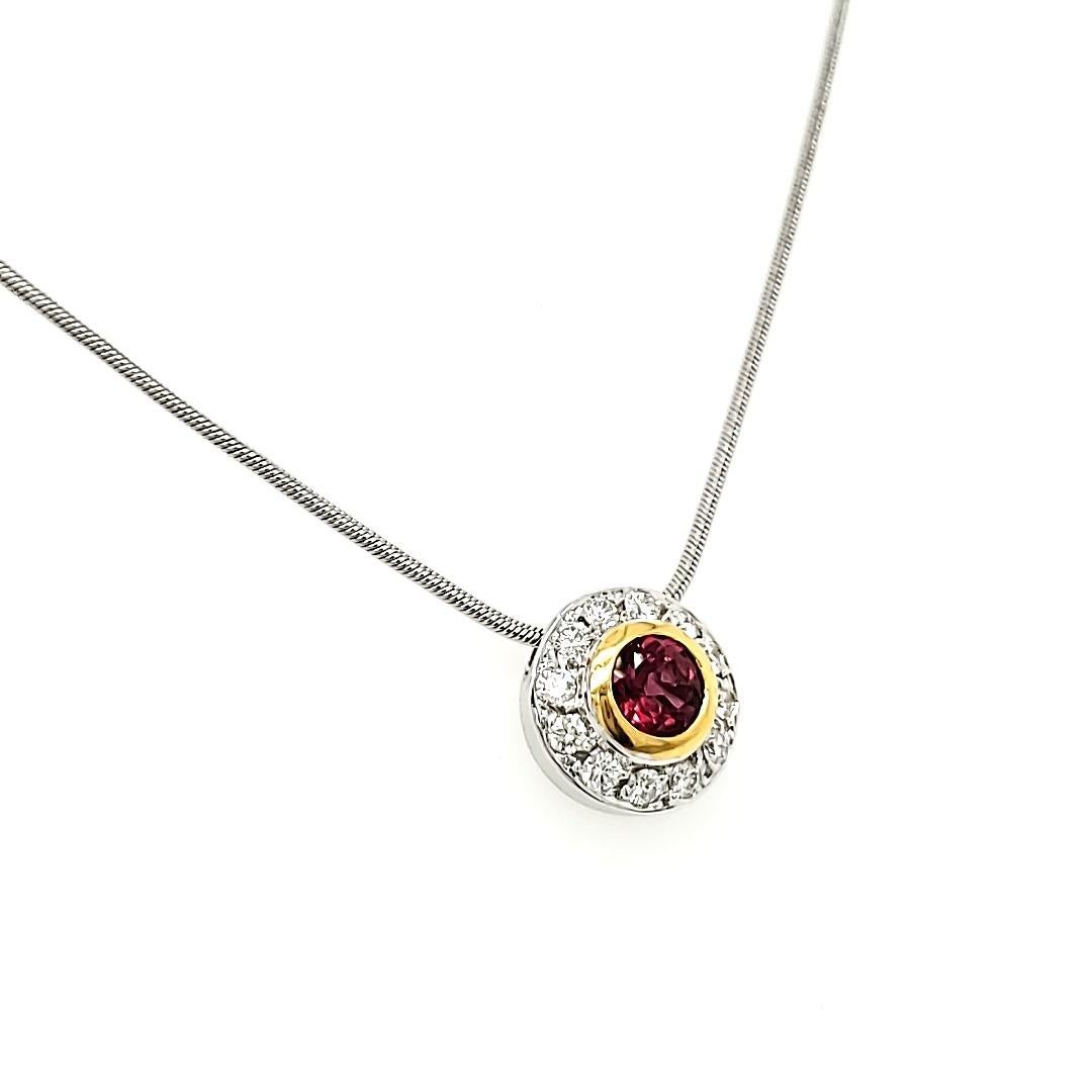 Rubelite Round Pendant in 18k Gold Chain For Sale 2