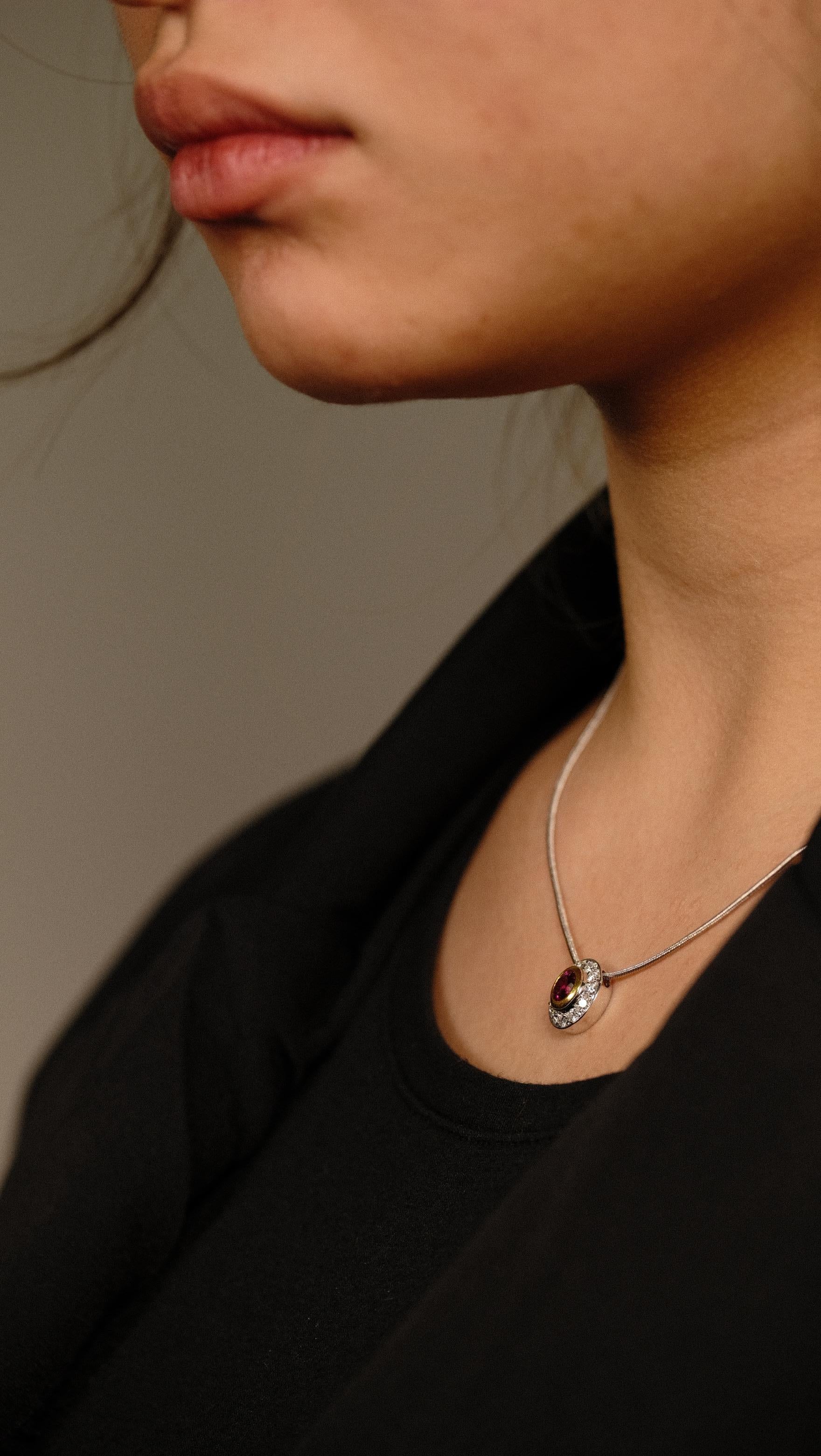 Rubelite Round Pendant in 18k Gold Chain For Sale 3