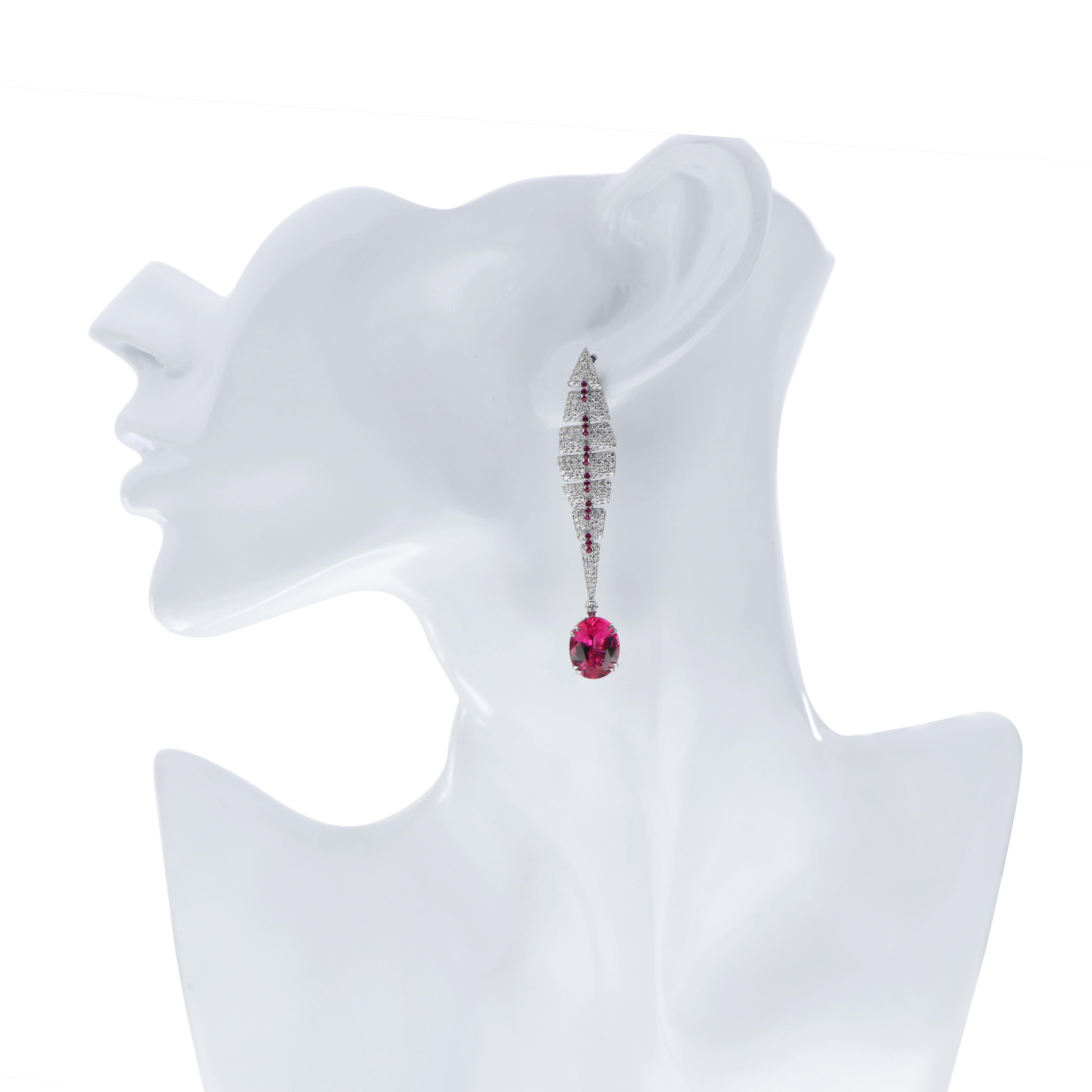 Rubelite, Ruby and Diamond Studded Earrings in 18K White Gold  In New Condition For Sale In JAIPUR, IN