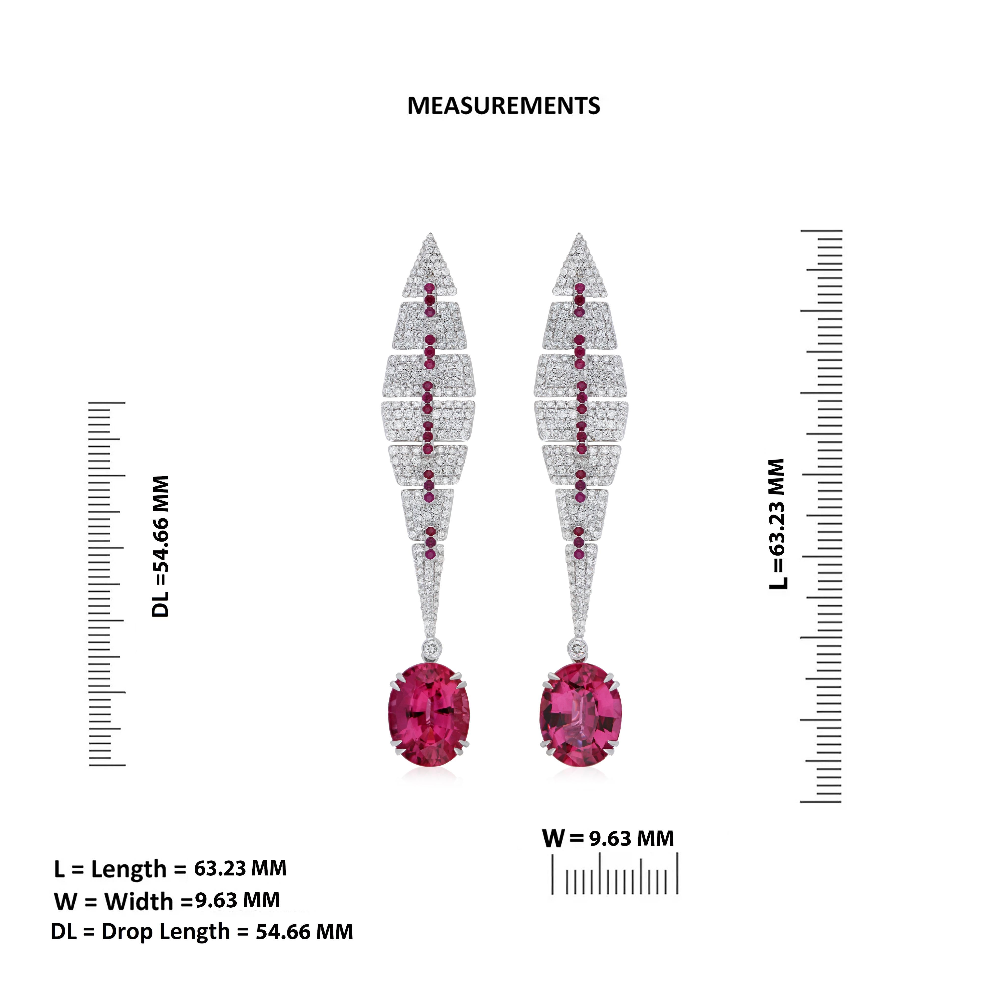 Women's Rubelite, Ruby and Diamond Studded Earrings in 18K White Gold  For Sale