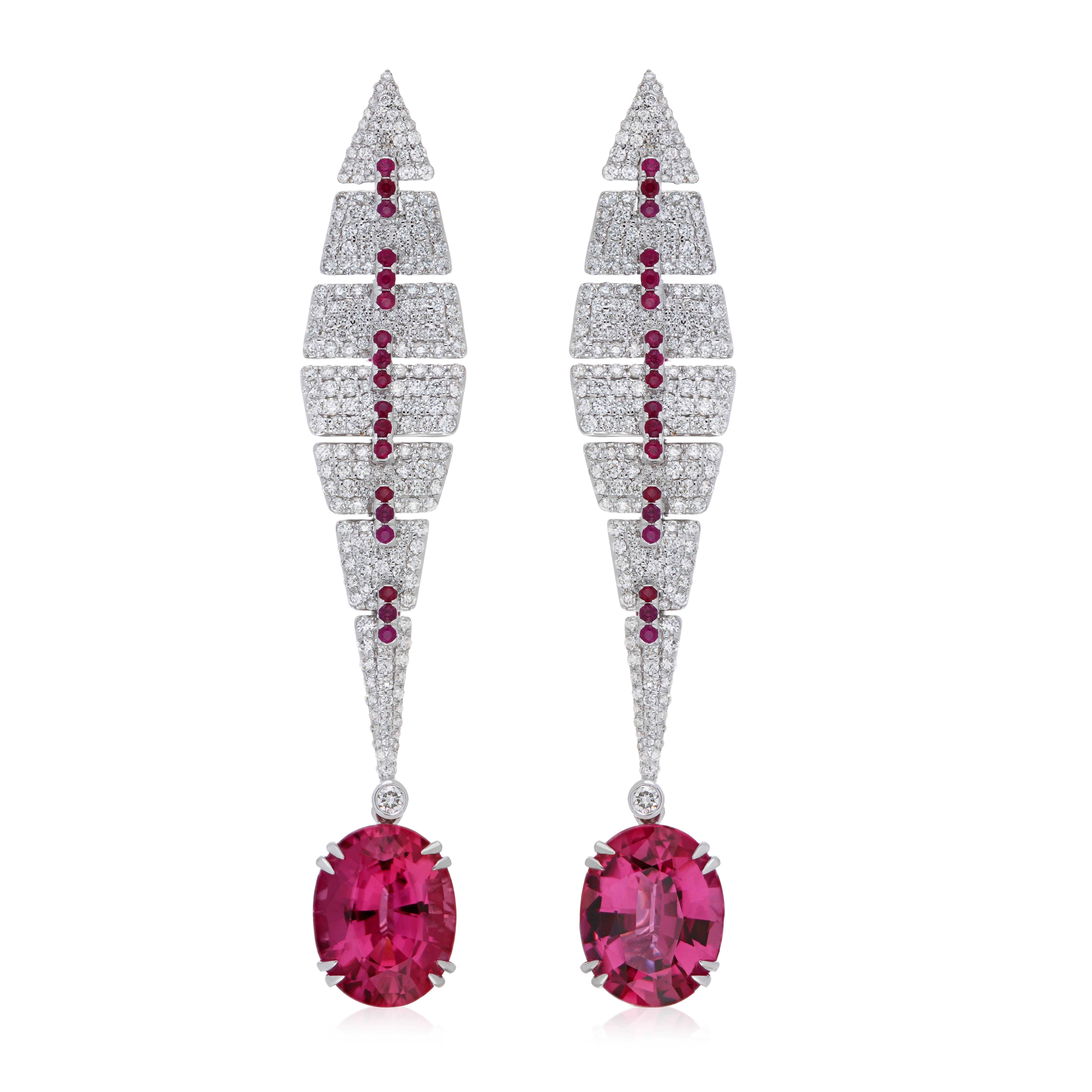 Rubelite, Ruby and Diamond Studded Earrings in 18K White Gold  For Sale 1