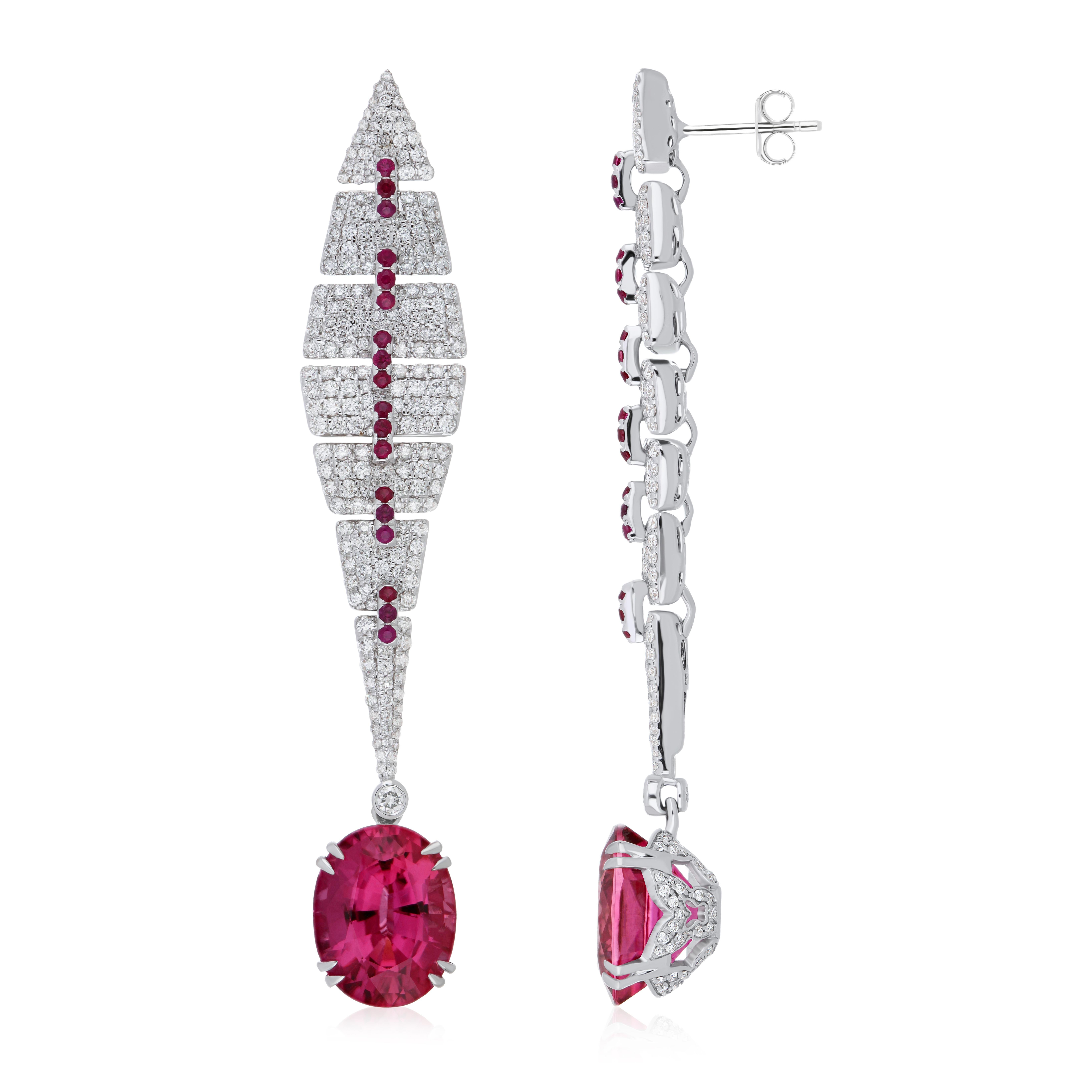 Elegant and Exquisitely detailed Gold Earring with 8.9 Cts (approx.) Pear shape Rubellite with Contrasting Ruby and accented with Micro pave set Diamonds, weighing approx.  2.45 CT's (approx.). total carat weight to further enhance the beauty of the