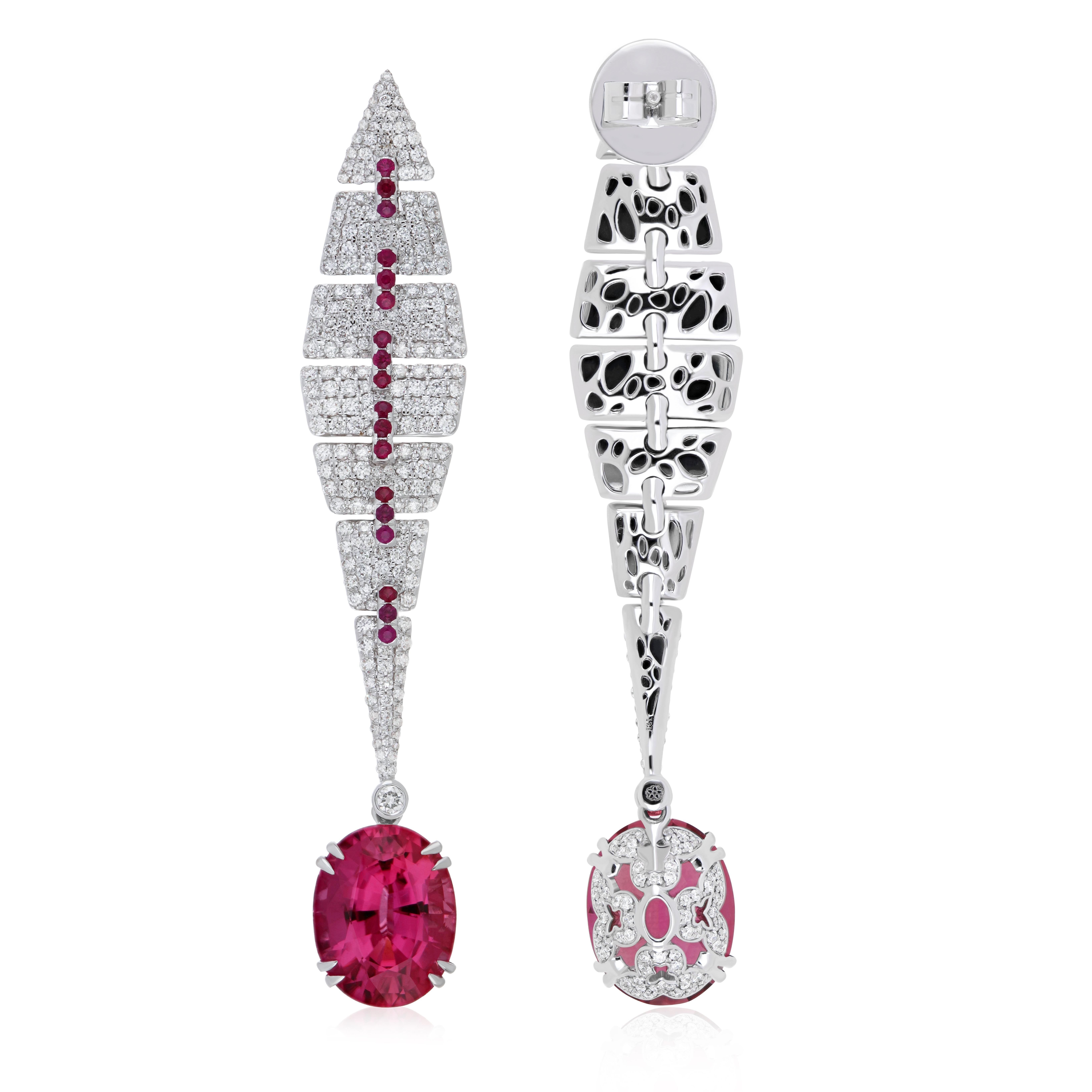 Oval Cut Rubelite, Ruby and Diamond Studded Earrings in 18K White Gold For Sale