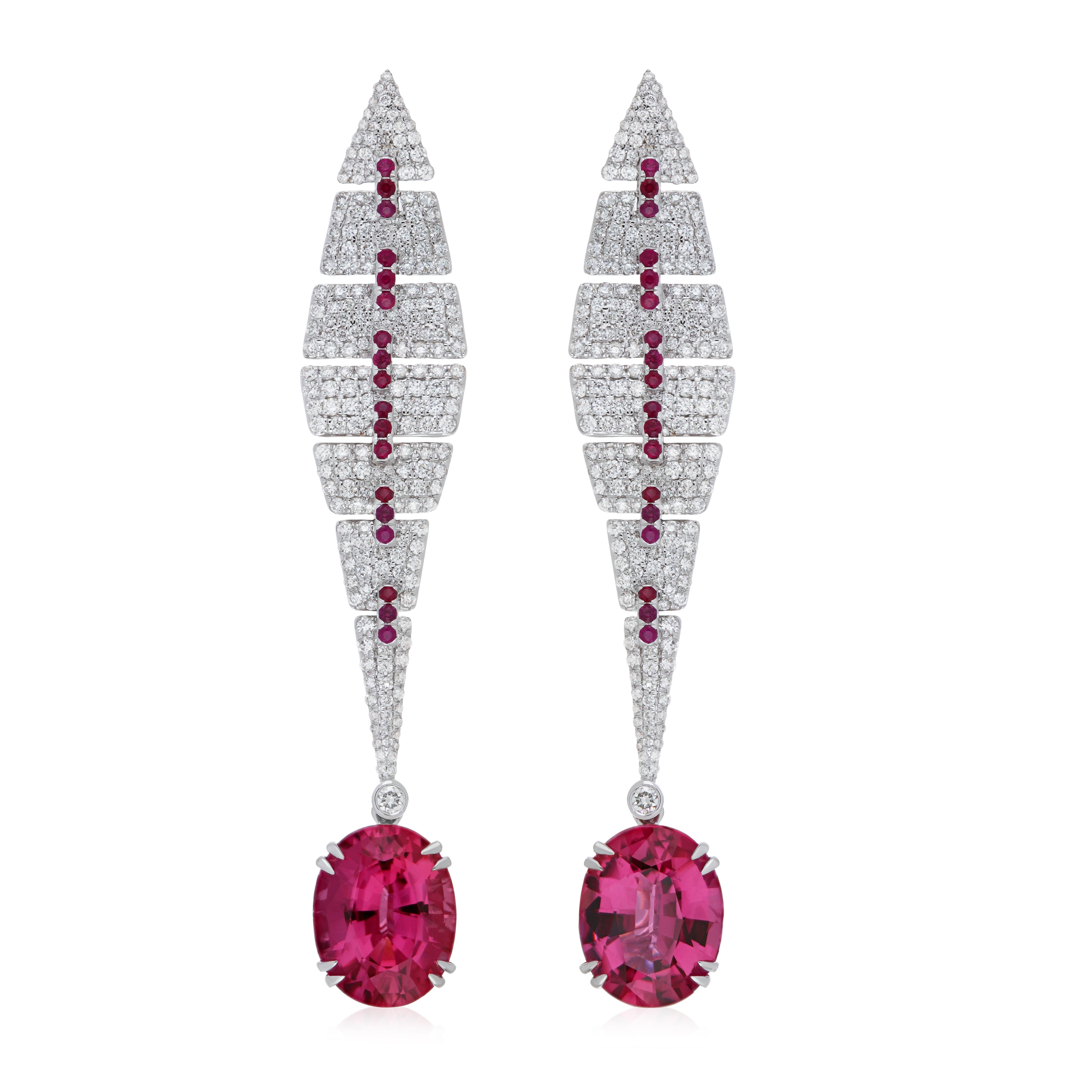 Rubelite, Ruby and Diamond Studded Earrings in 18K White Gold For Sale 4