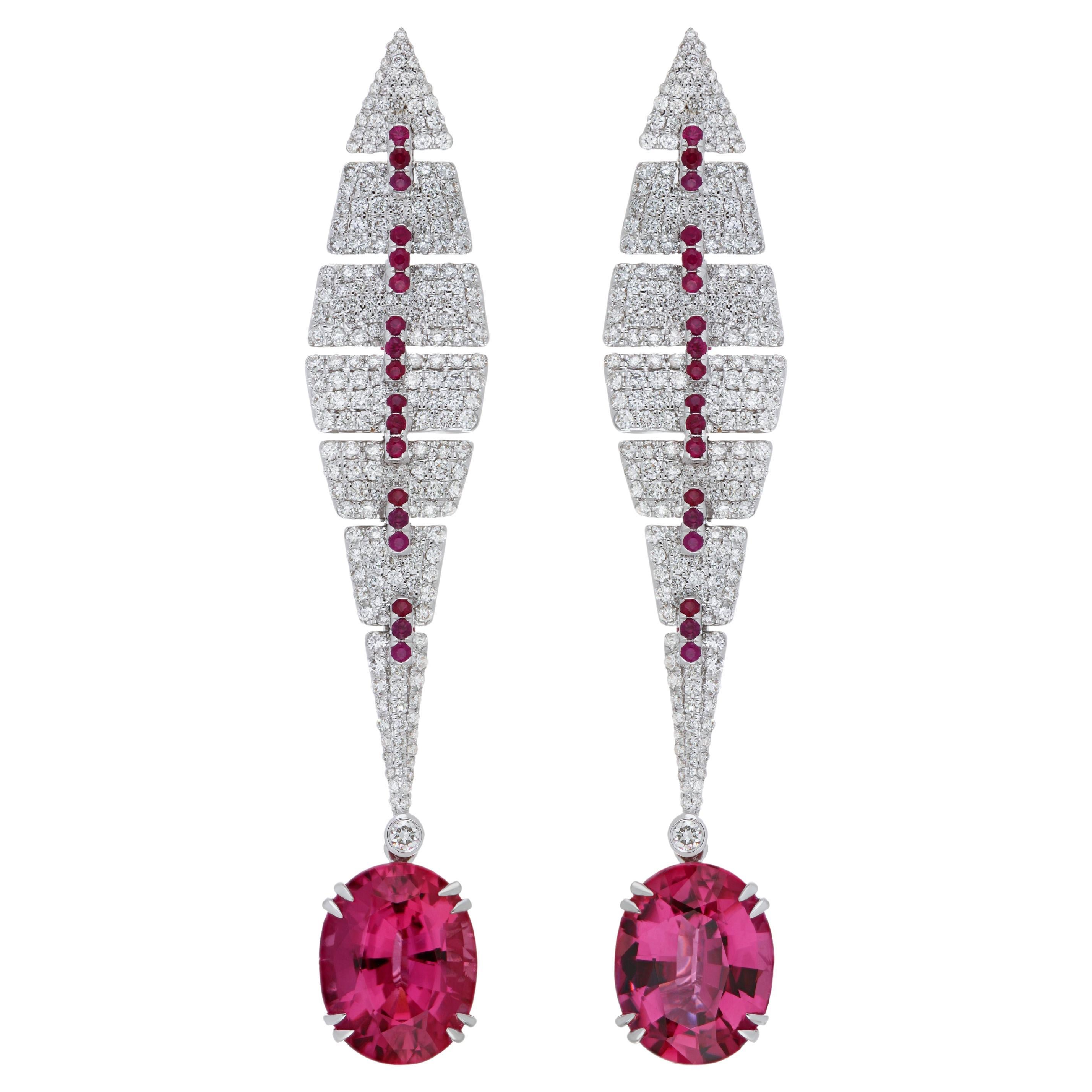 Rubelite, Ruby and Diamond Studded Earrings in 18K White Gold  For Sale