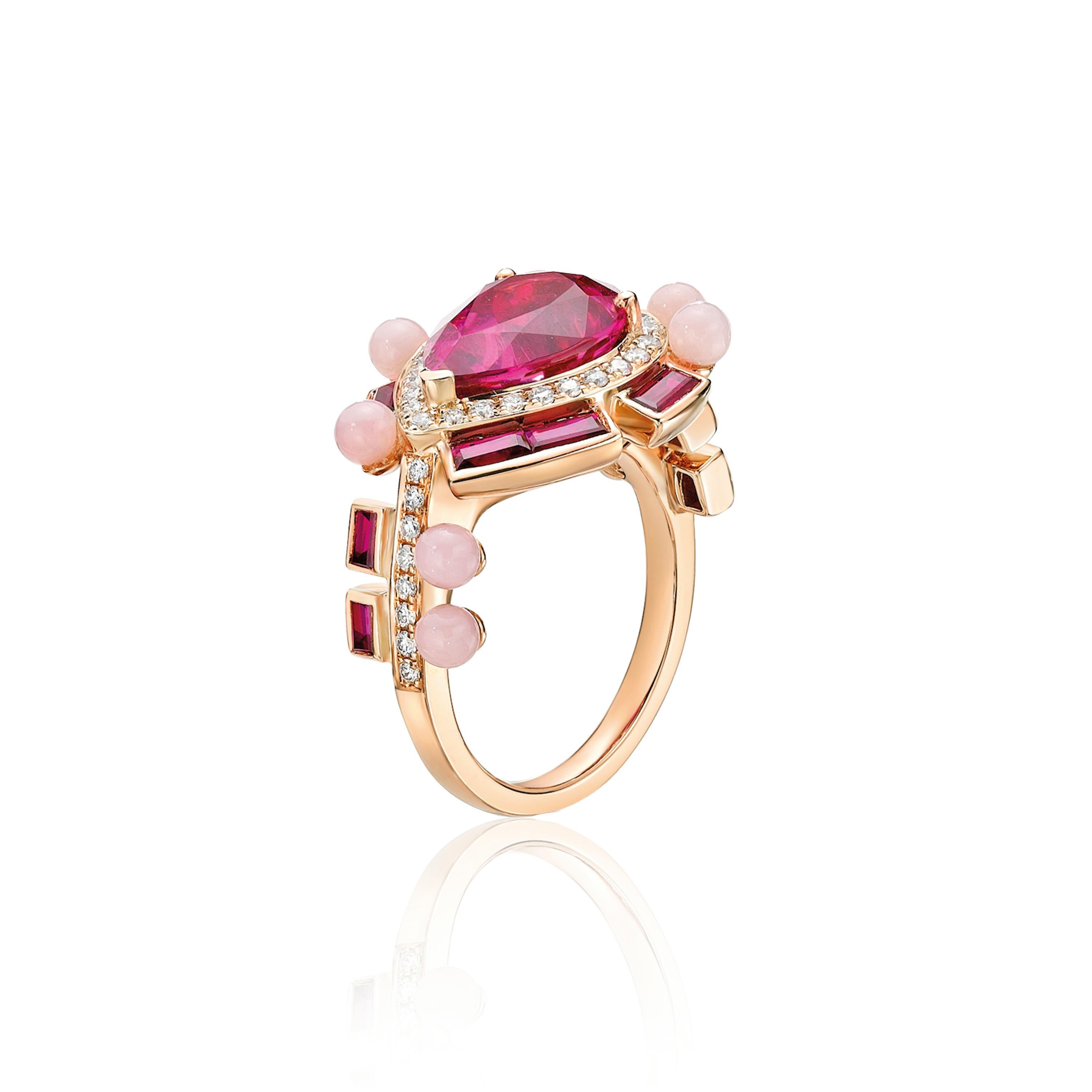 Contemporary Rubellite, Ruby and Pink Opal Ring with Diamonds For Sale