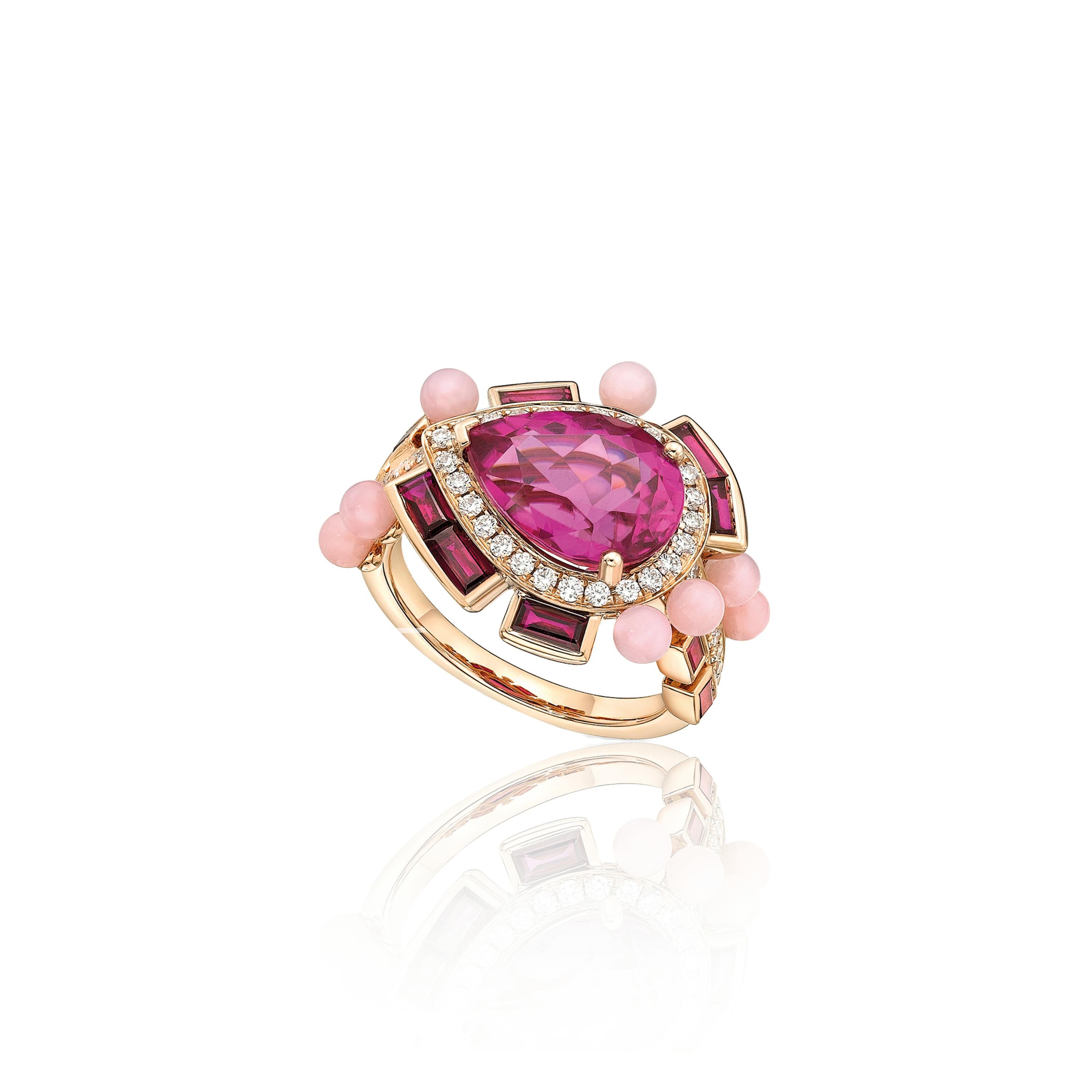 Rubellite, Ruby and Pink Opal Ring with Diamonds In New Condition For Sale In London, GB