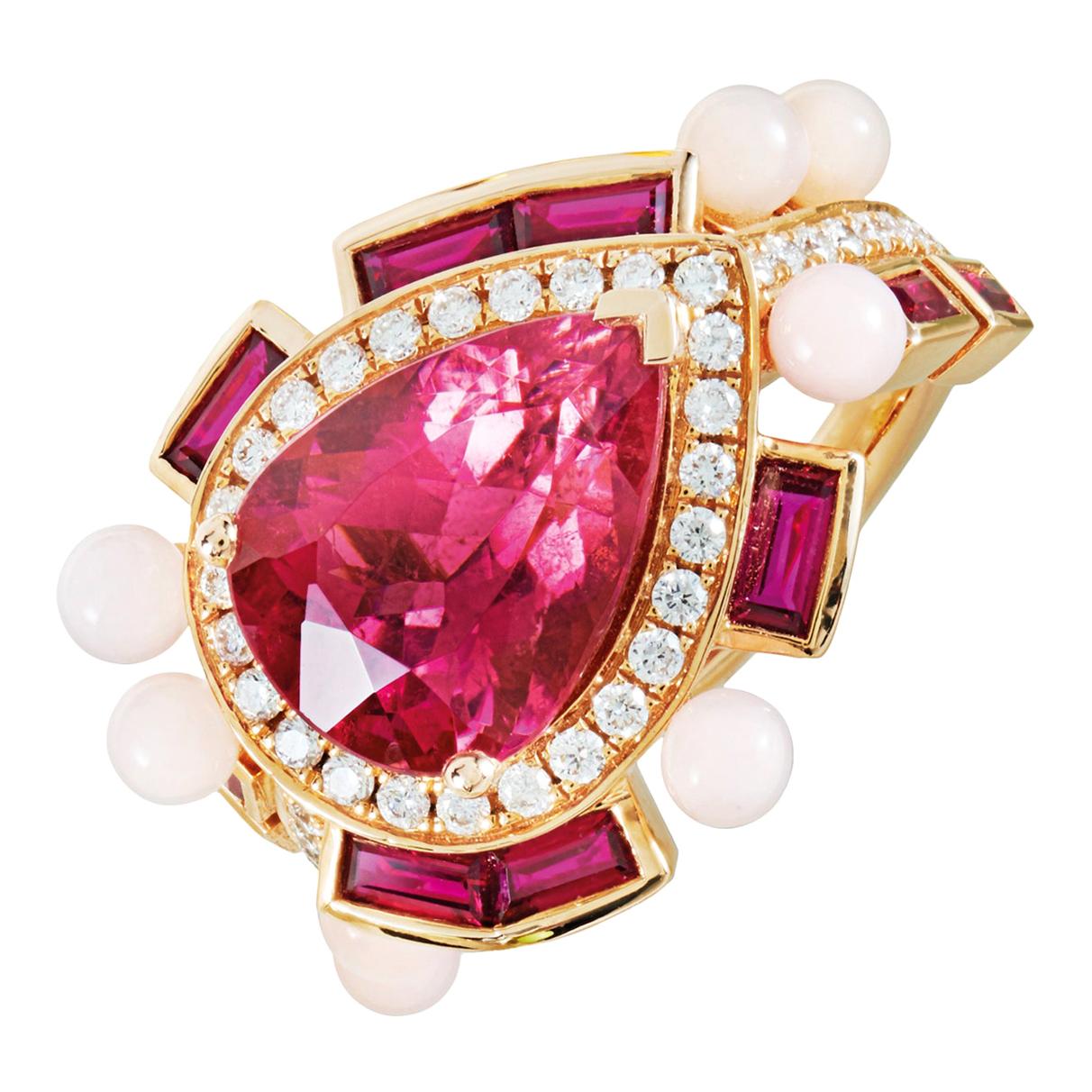 Rubellite, Ruby and Pink Opal Ring with Diamonds For Sale