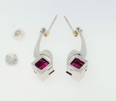 Rubelite Tourmaline and Diamond Gold S/S Drop Earrings Fine Estate Jewelry