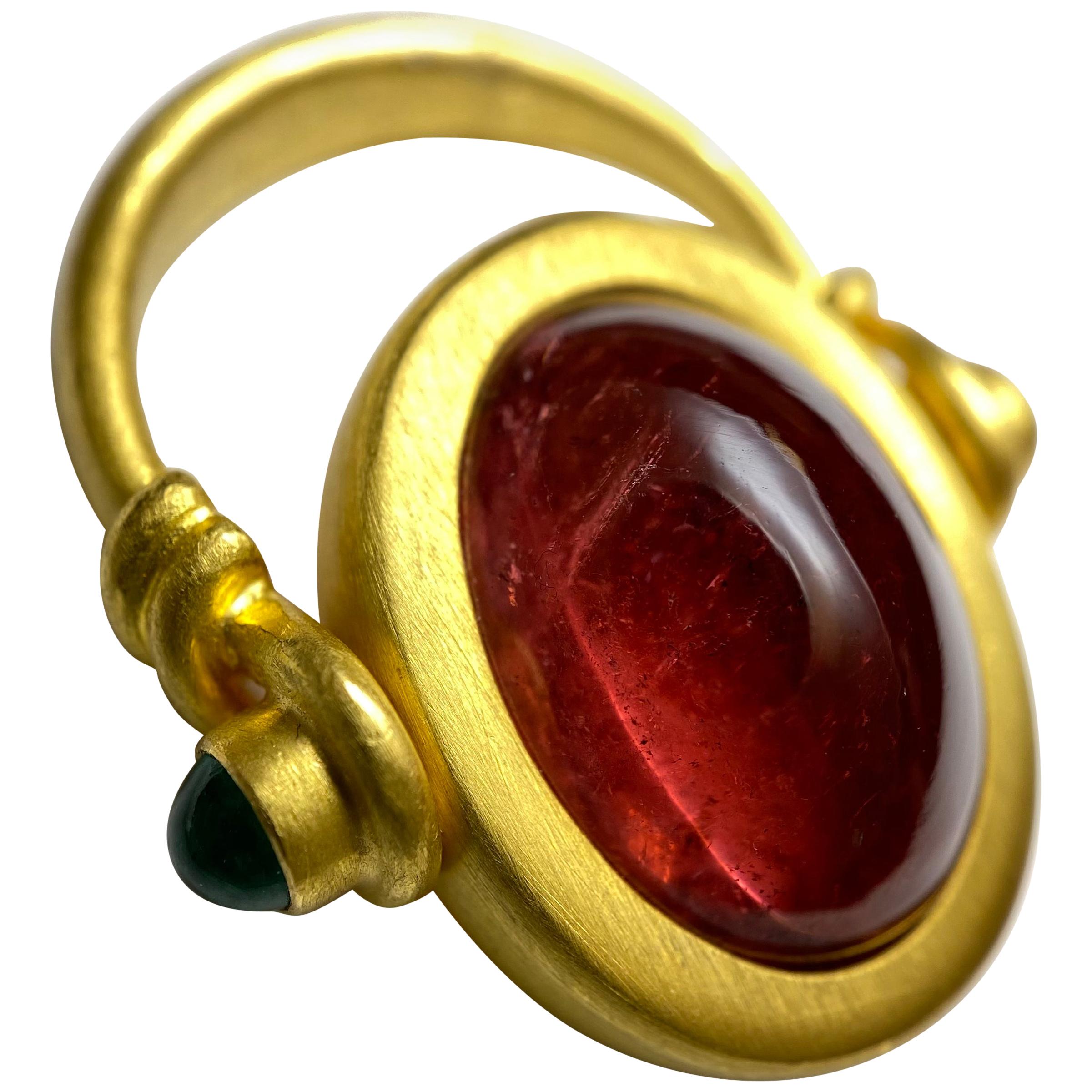 Rubelite Tourmaline and Emerald Cocktail Ring in 22 Karat Gold, A2 by Arunashi For Sale