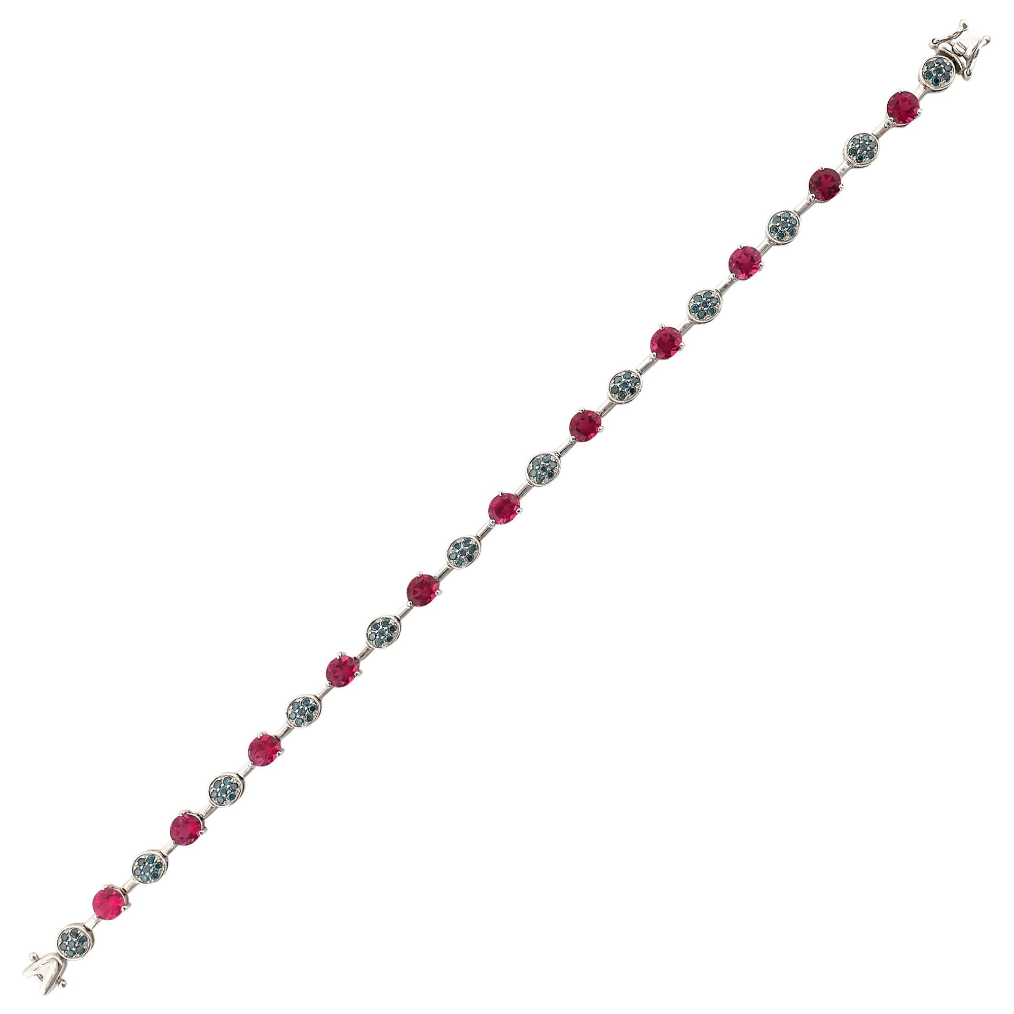 Rubelite Tourmaline & Blue Diamond Bracelet in 14 Karat White Gold For Sale