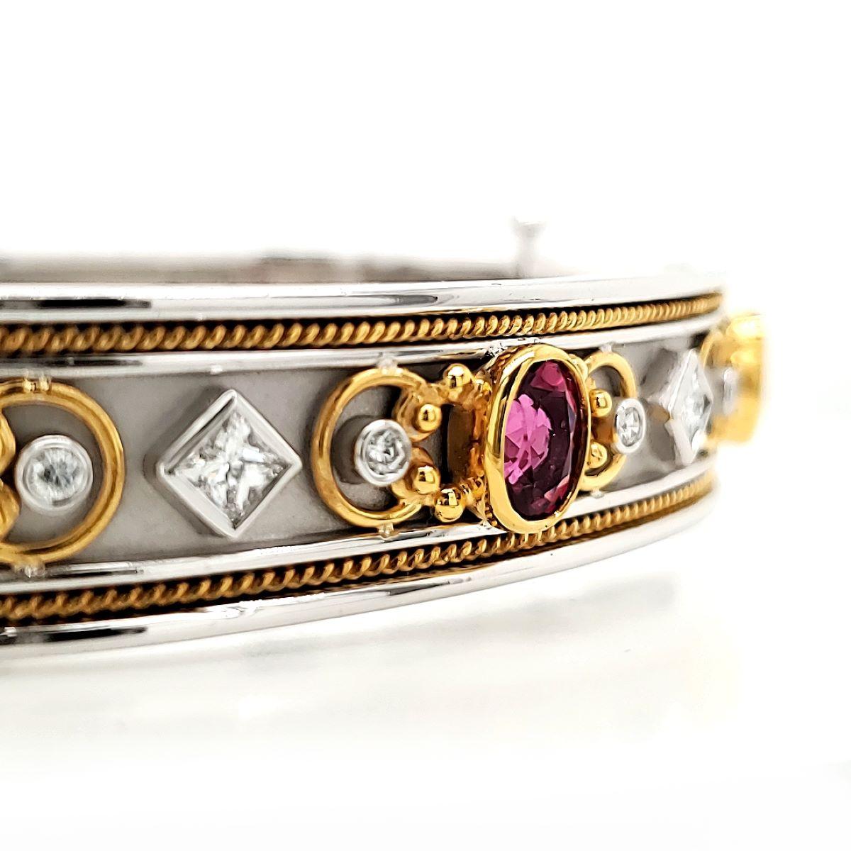 Rubelite Tourmaline Cts 2.70 and Princess Cut Diamond Bangle Bracelet For Sale 2