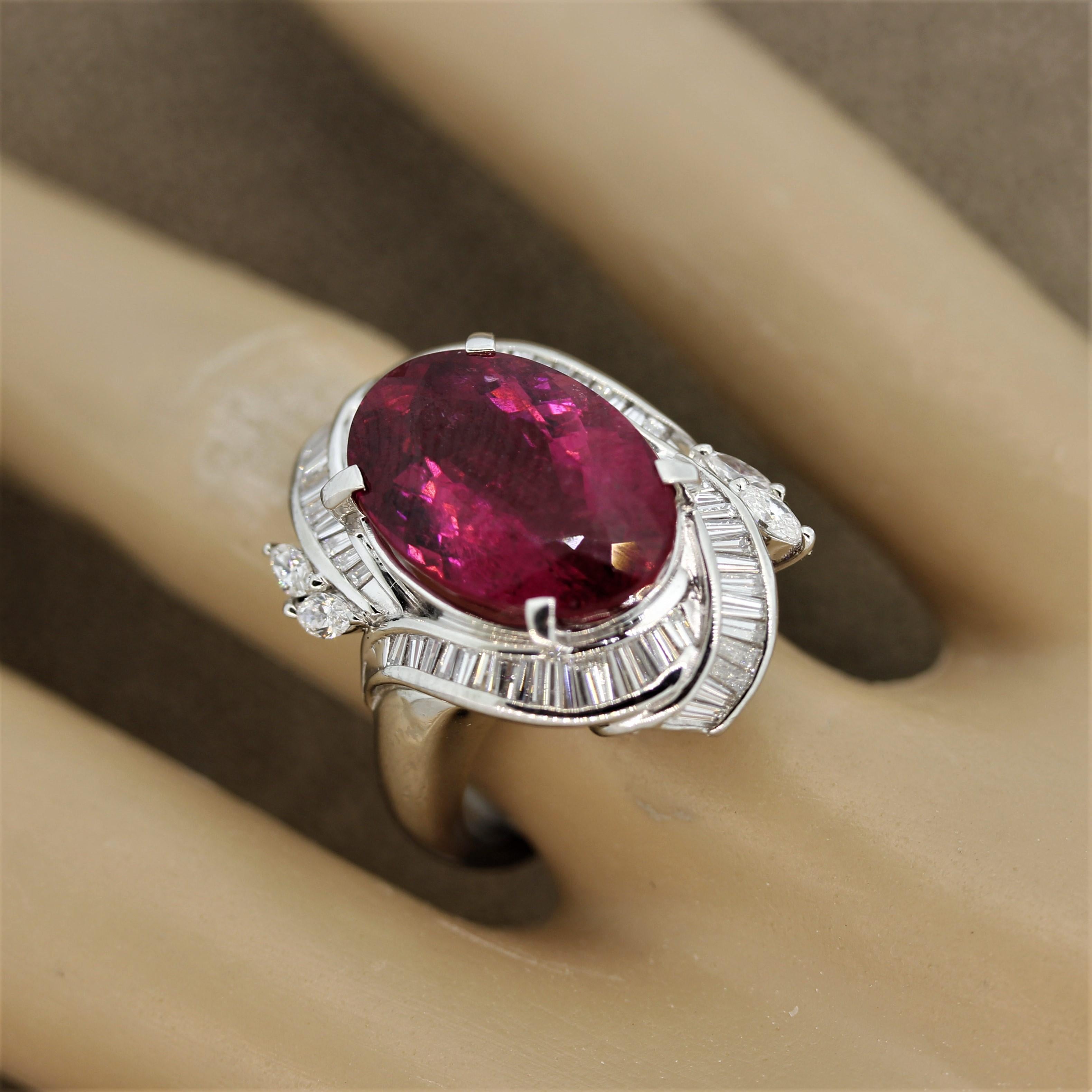 Rubelite Tourmaline Diamond Platinum Ring In New Condition For Sale In Beverly Hills, CA