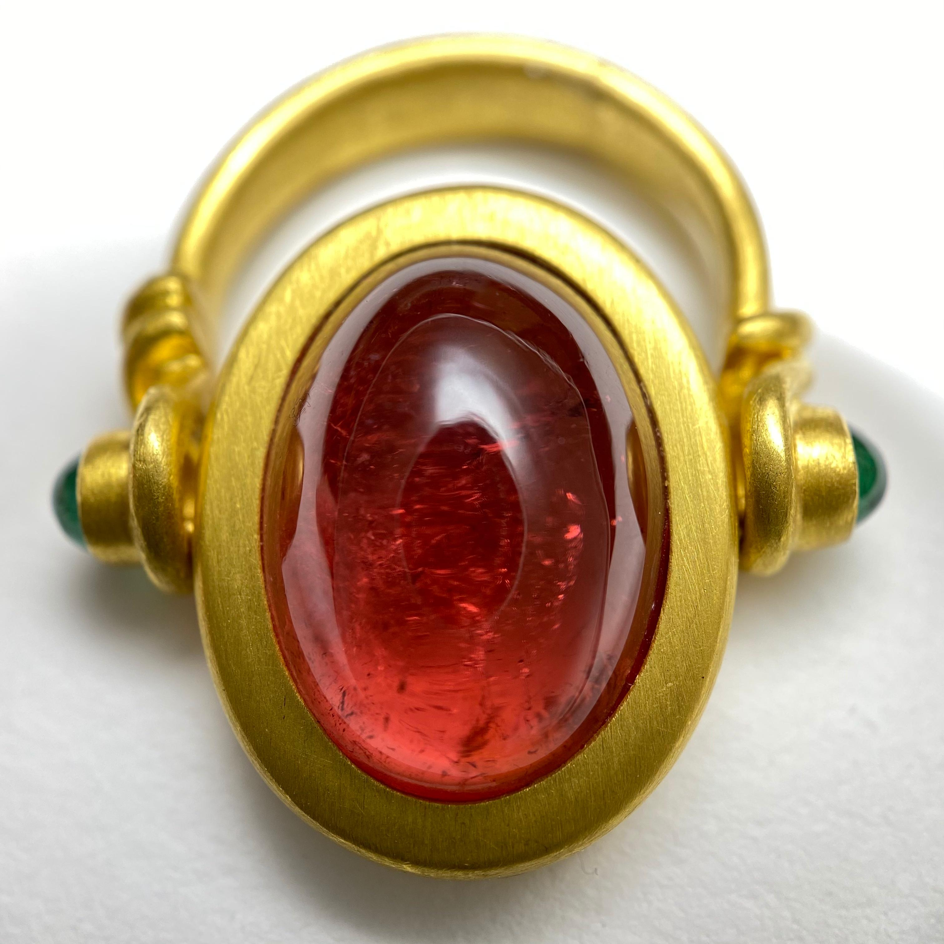 Mixed Cut Rubelite Tourmaline and Emerald Cocktail Ring in 22 Karat Gold, A2 by Arunashi For Sale