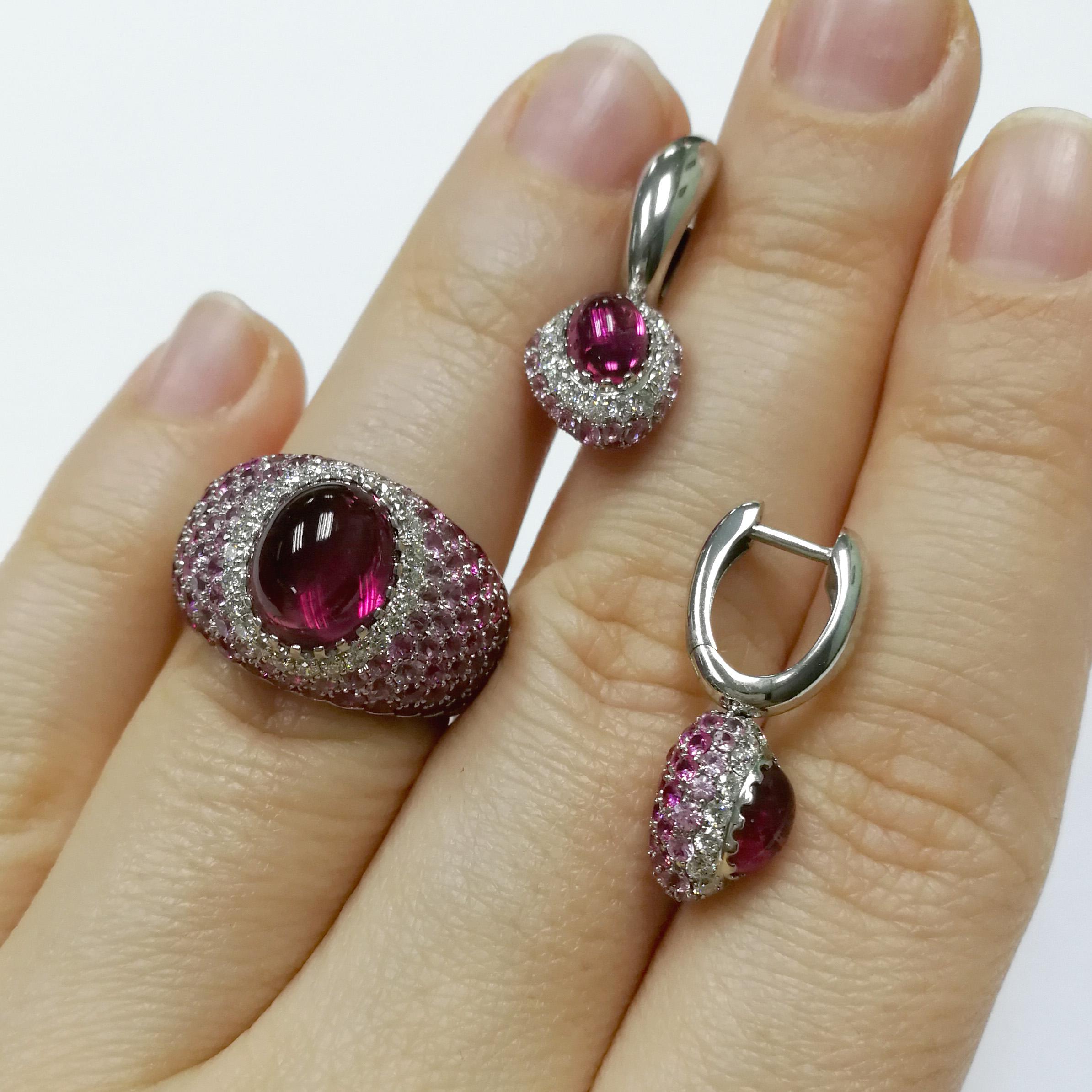 Contemporary Rubelites Rubies Diamonds Pink Sapphires White 18 Karat Gold Riviera Suite For Sale