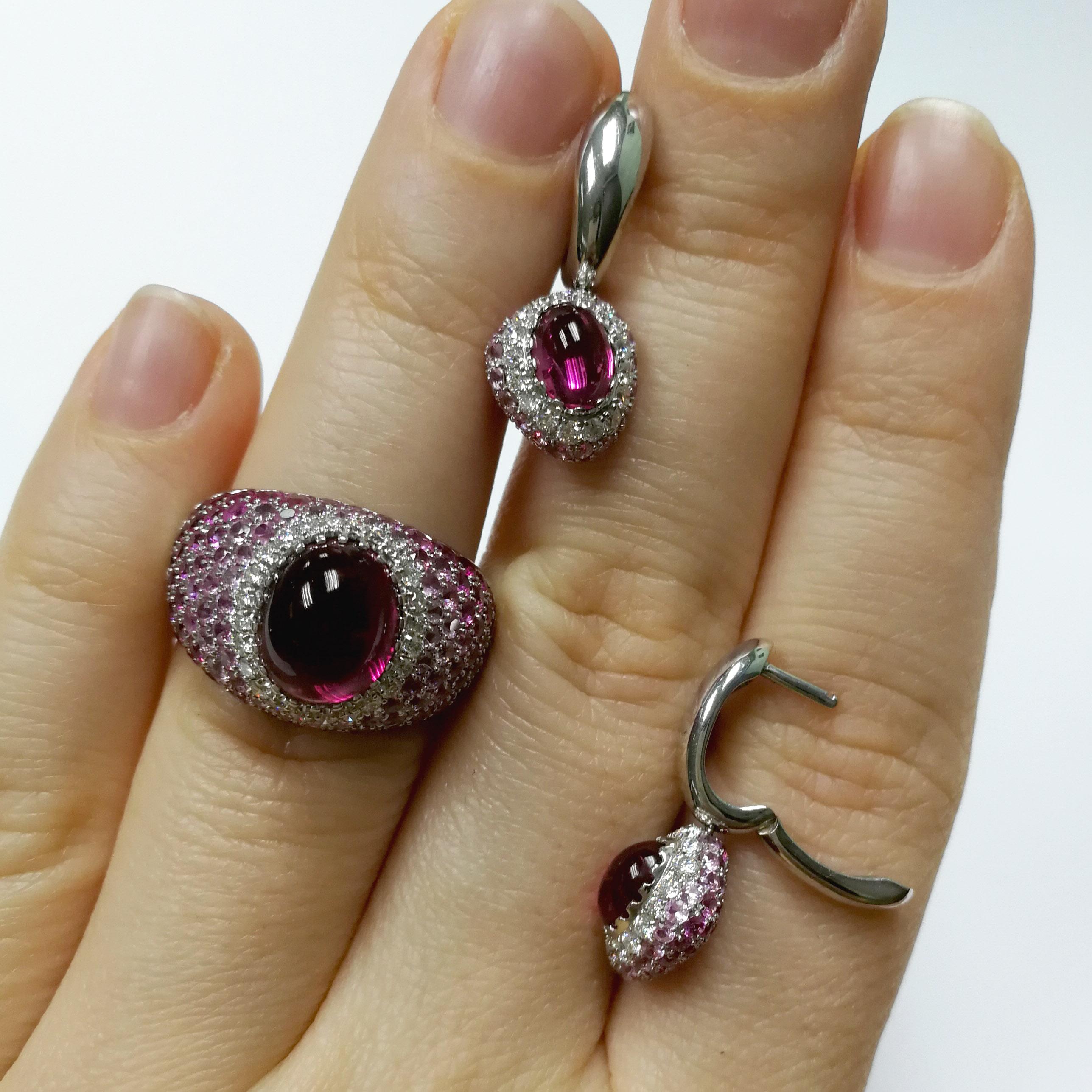 Oval Cut Rubelites Rubies Diamonds Pink Sapphires White 18 Karat Gold Riviera Suite For Sale