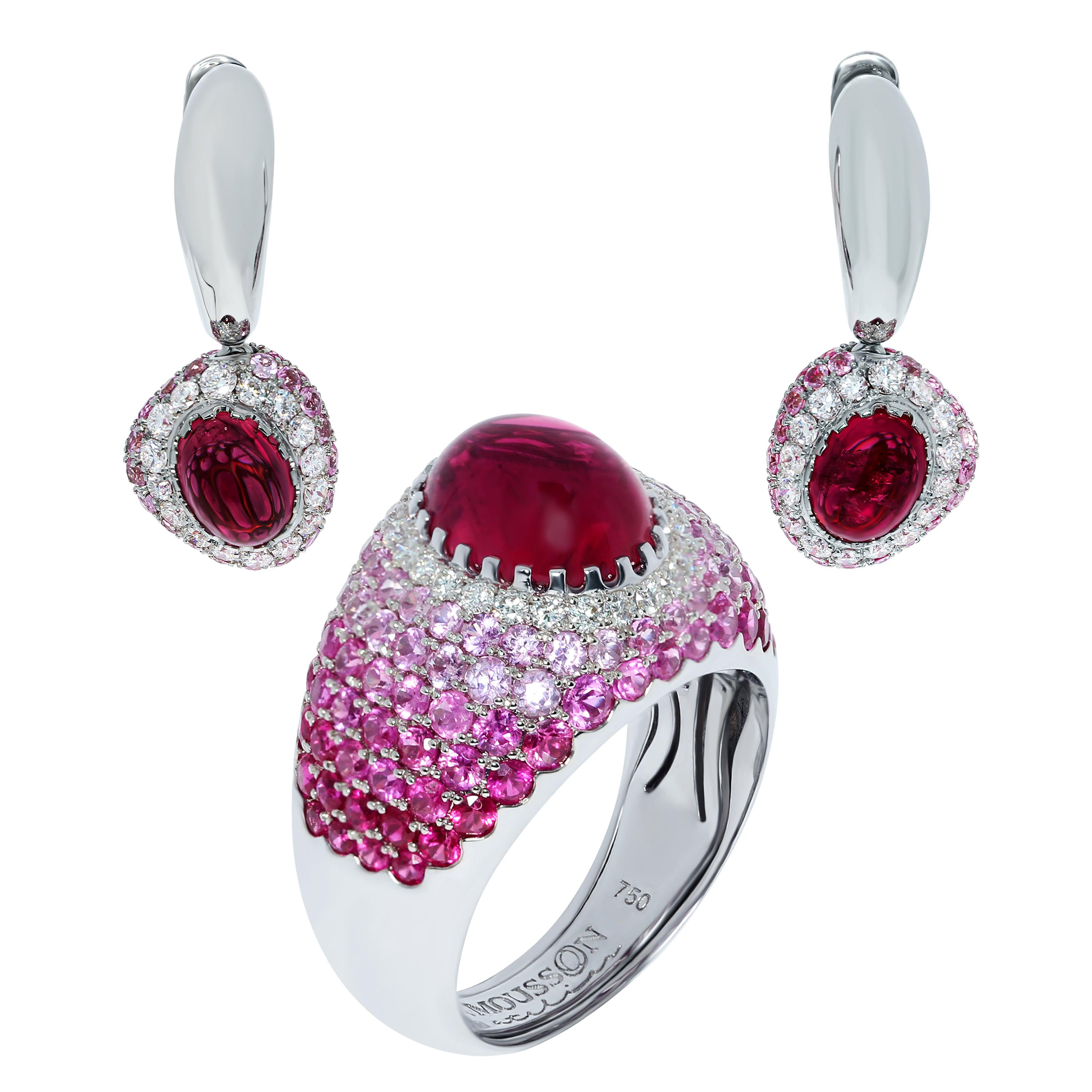 Rubelites Rubies Diamonds Pink Sapphires White 18 Karat Gold Riviera Suite For Sale