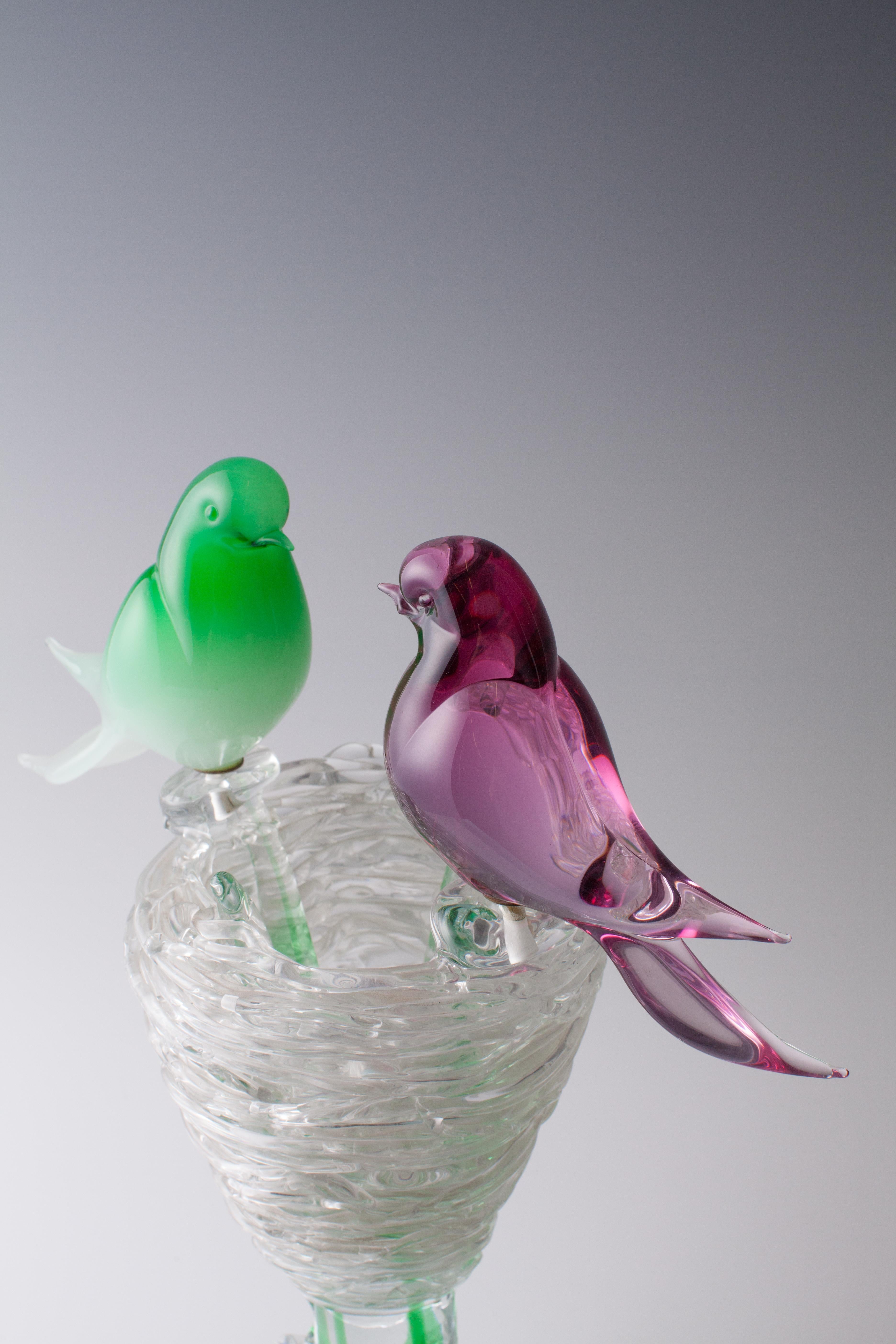 Italian Rubella V.A. Murano Glass Object Tree Trunk with Nest and Birds
