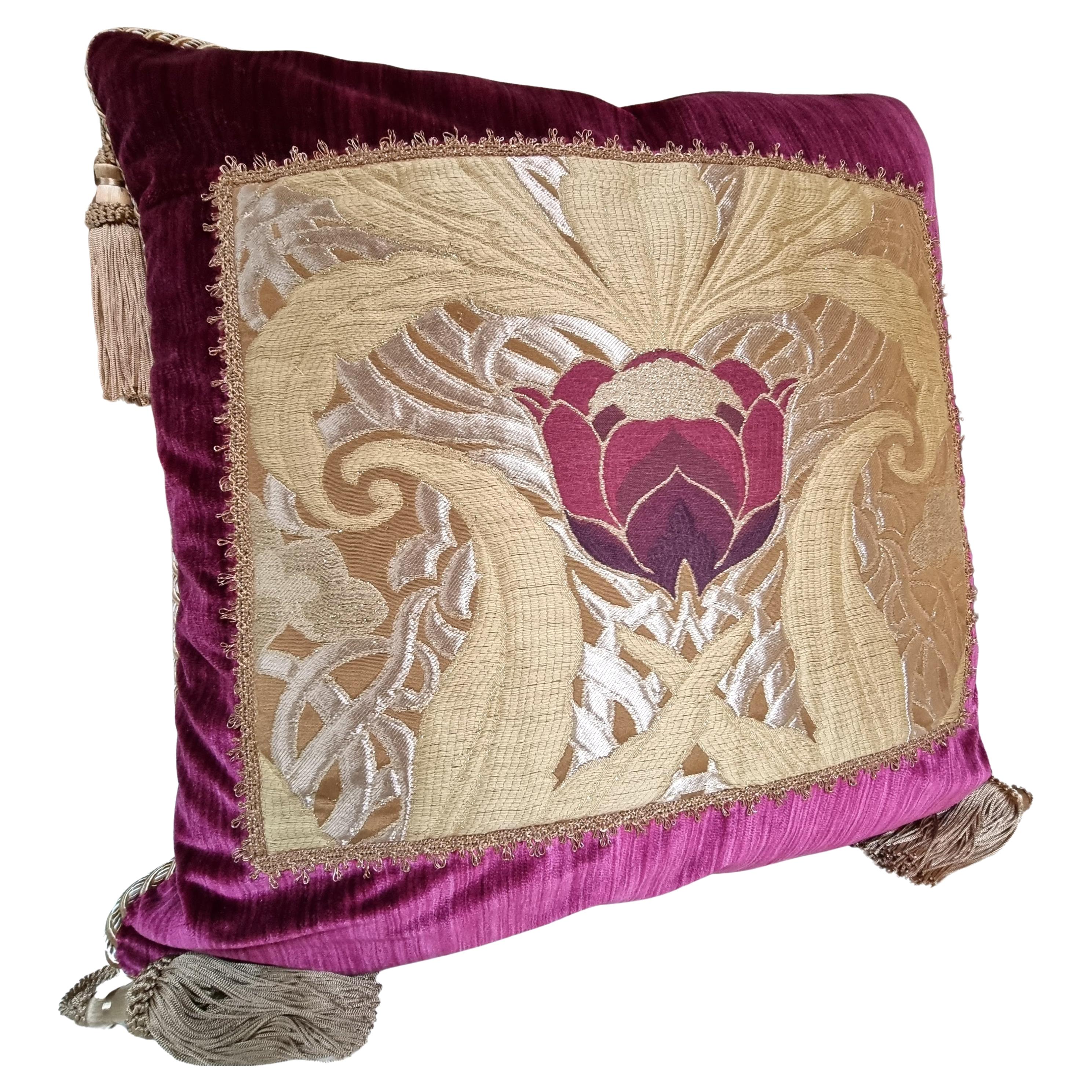 This amazing decorative throw pillow with beige tassel at the four corners is handmade using Rubelli strie silk velvet in amethyst color on both sides finished with Houlès multicolor twisted lip cord, embellished with front positioned panel in Luigi