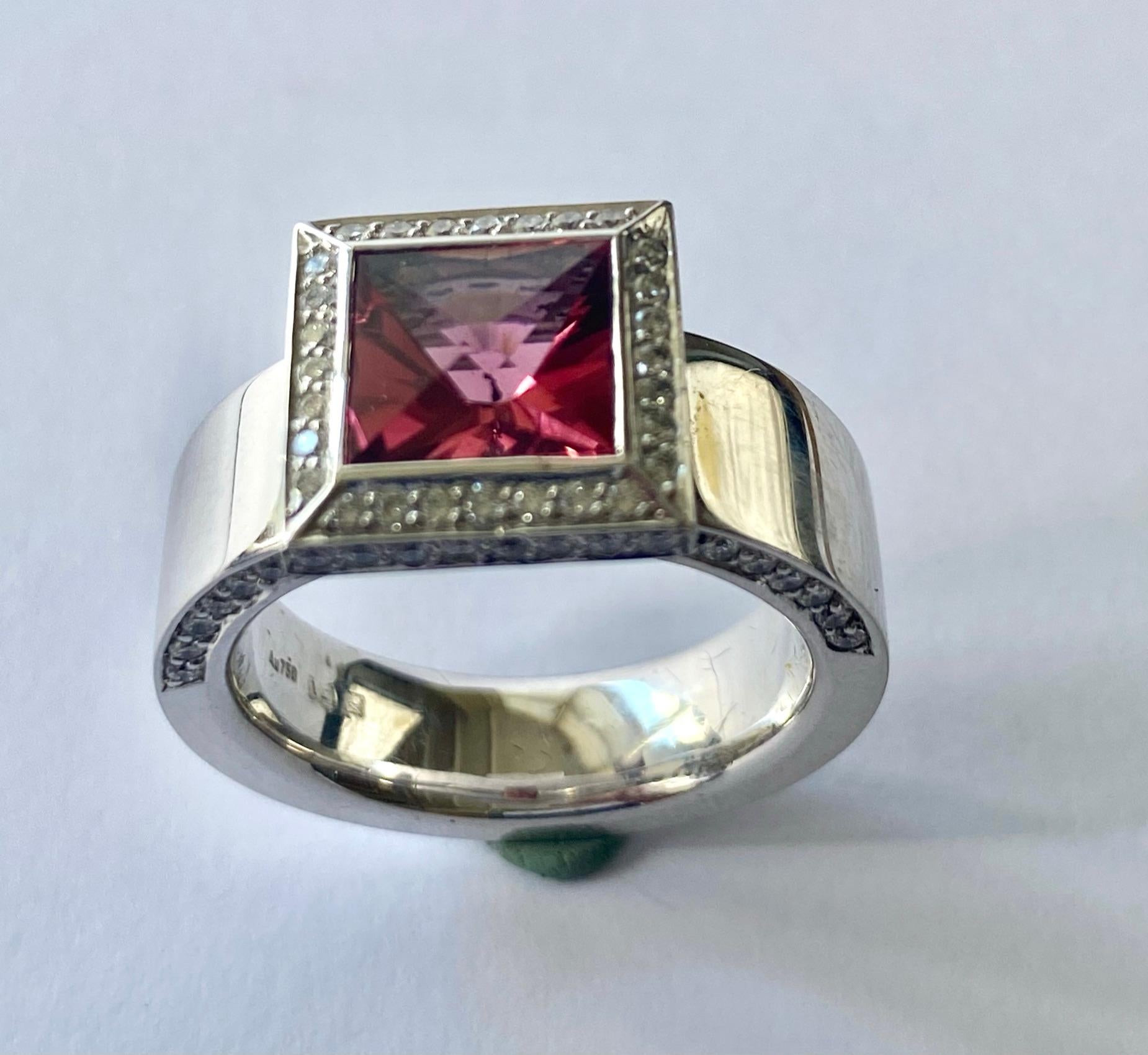 Square Cut Rubelliete and Diamond White Gold Ring For Sale