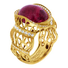 Bague en or jaune 18 carats avec corail, rubellite et diamants de 11,07 carats