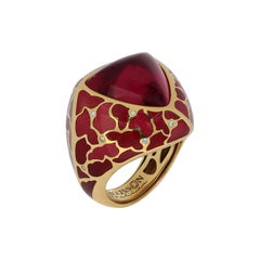 Rubellite 11.93 Carat Diamonds Enamel 18 Karat Yellow Gold Ring