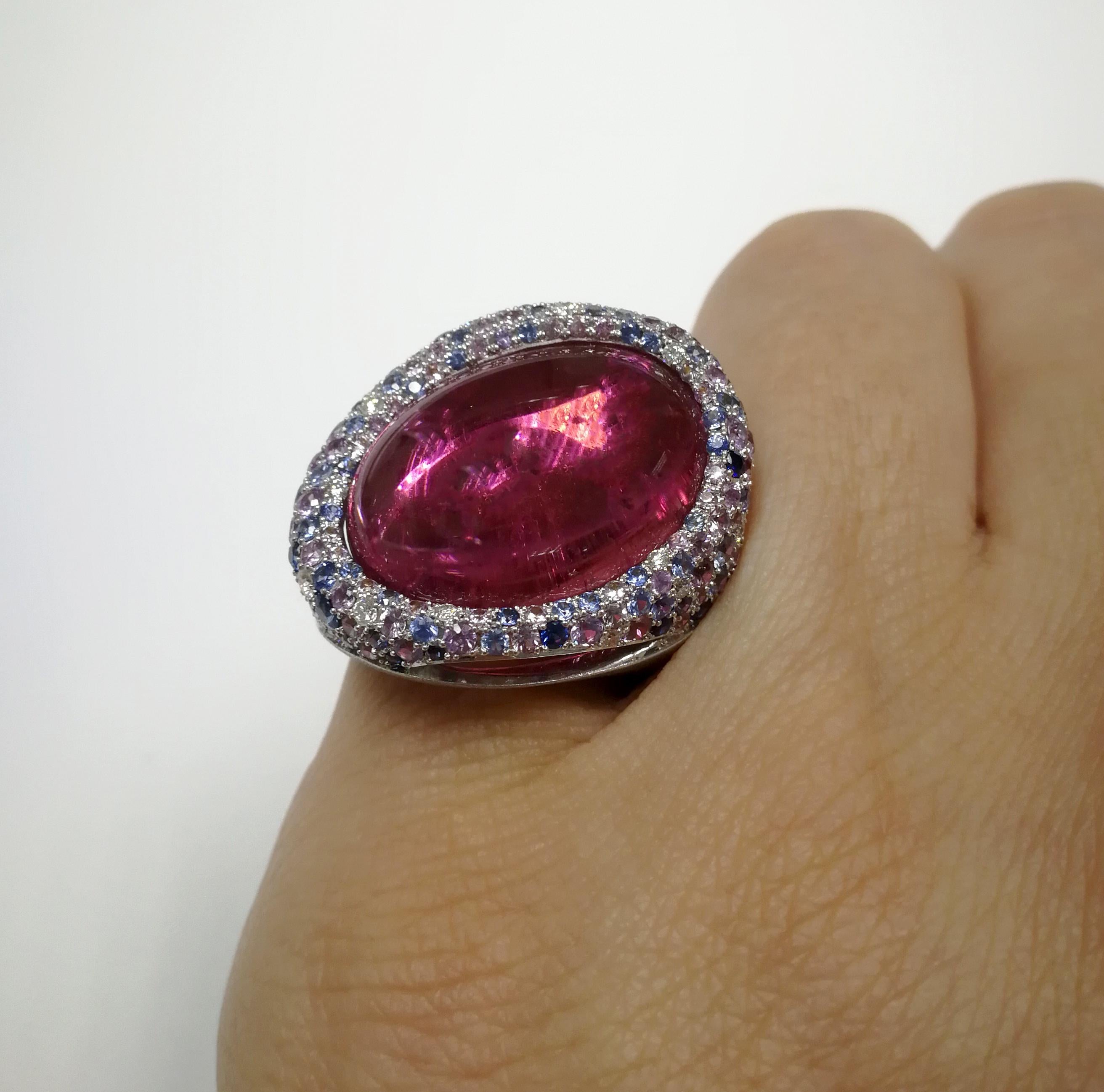 Rubellite 22.86 Carat Diamonds Sapphires 18 Karat White Gold Ring For Sale 4