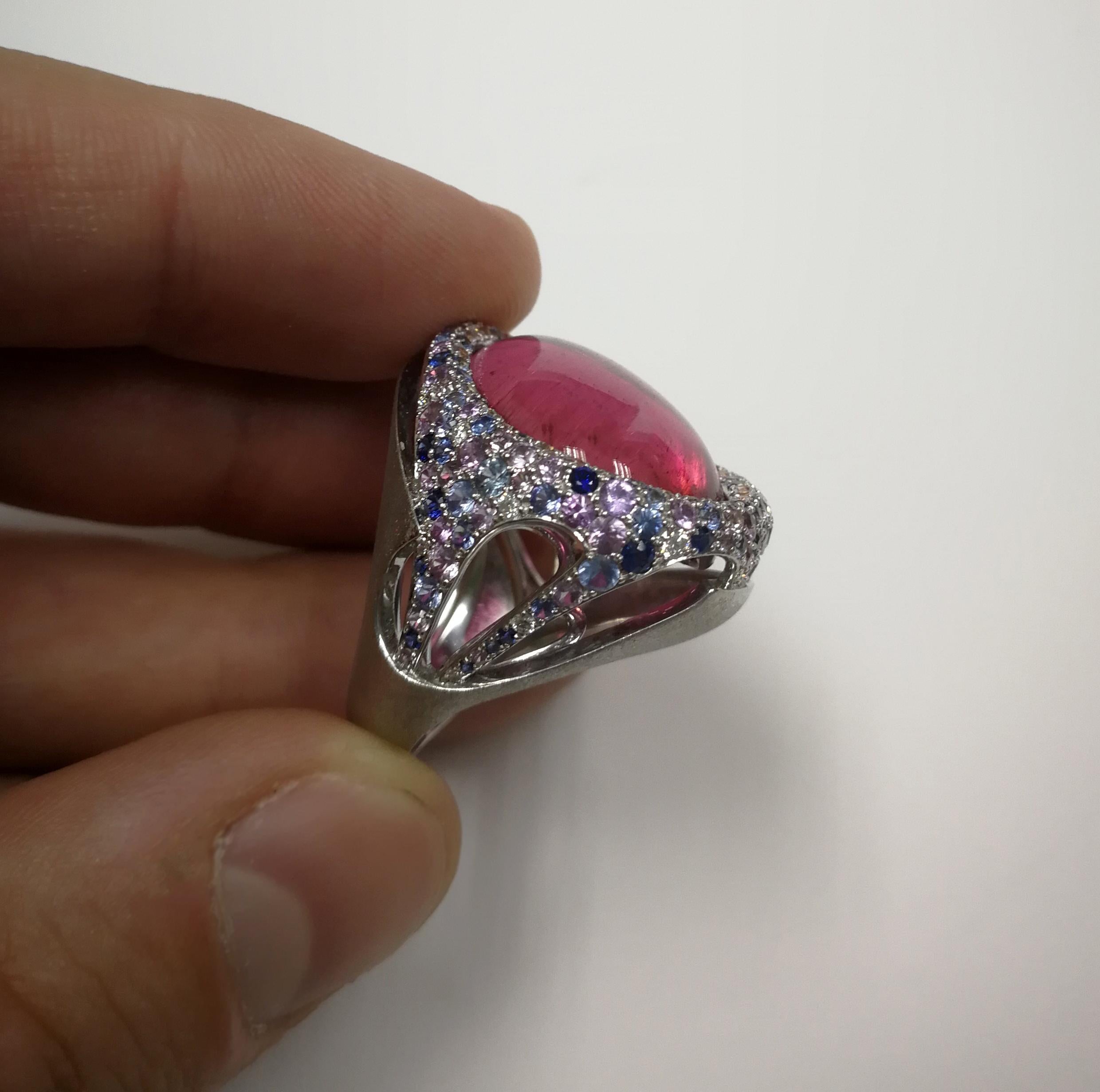 Rubellite 22.86 Carat Diamonds Sapphires 18 Karat White Gold Ring For Sale 5