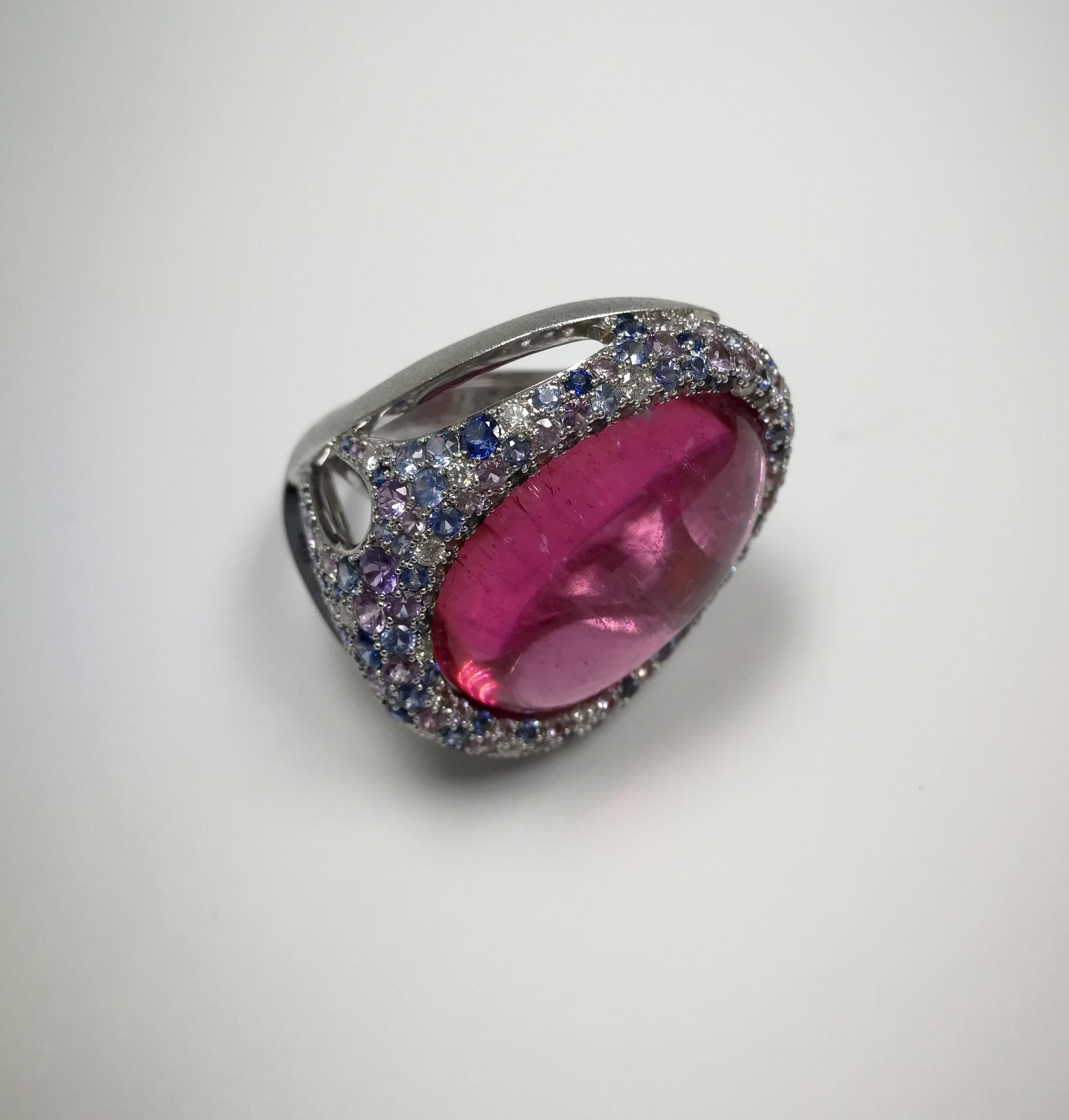 Oval Cut Rubellite 22.86 Carat Diamonds Sapphires 18 Karat White Gold Ring For Sale