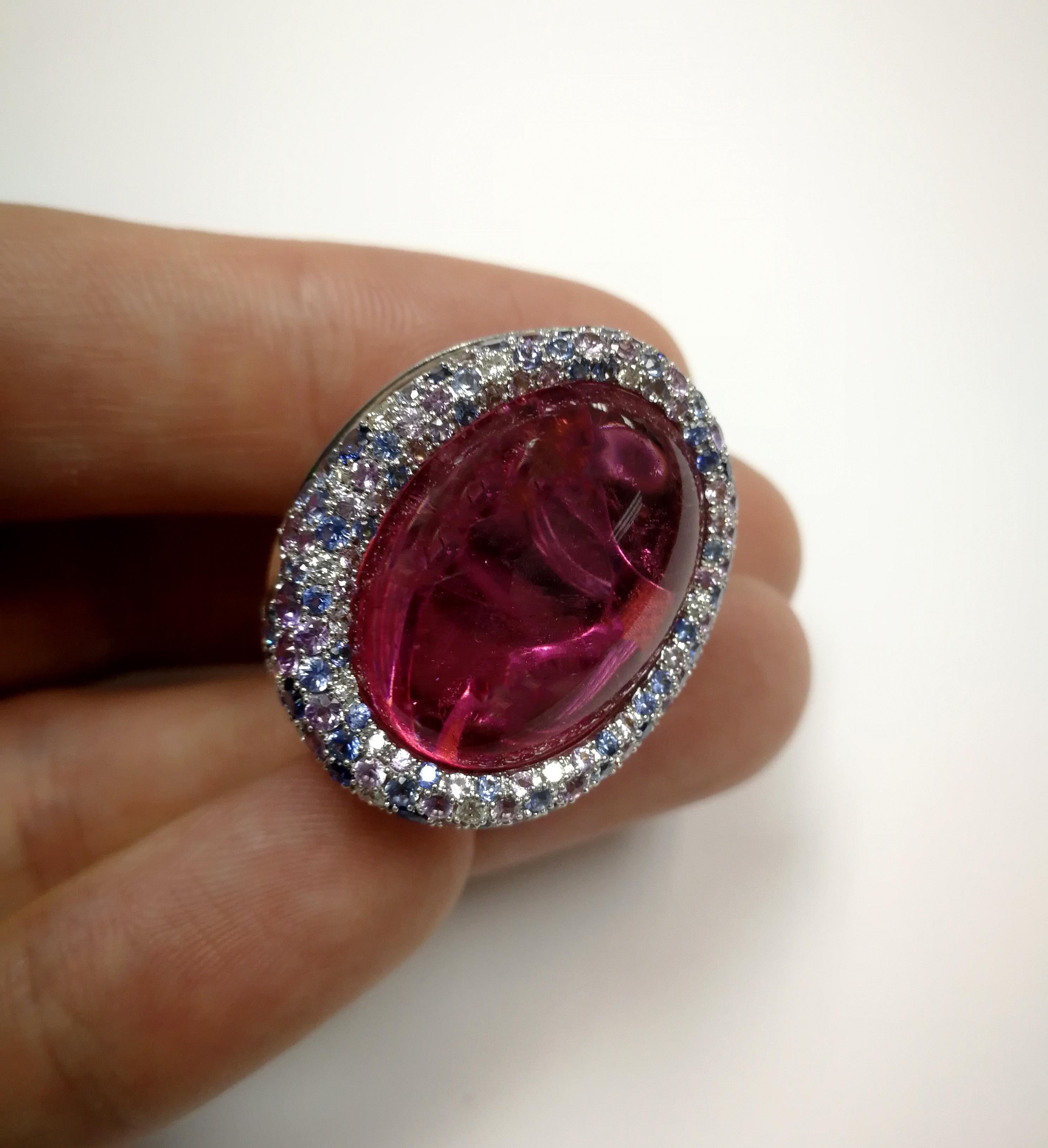 Rubellite 22.86 Carat Diamonds Sapphires 18 Karat White Gold Ring In New Condition For Sale In Bangkok, TH