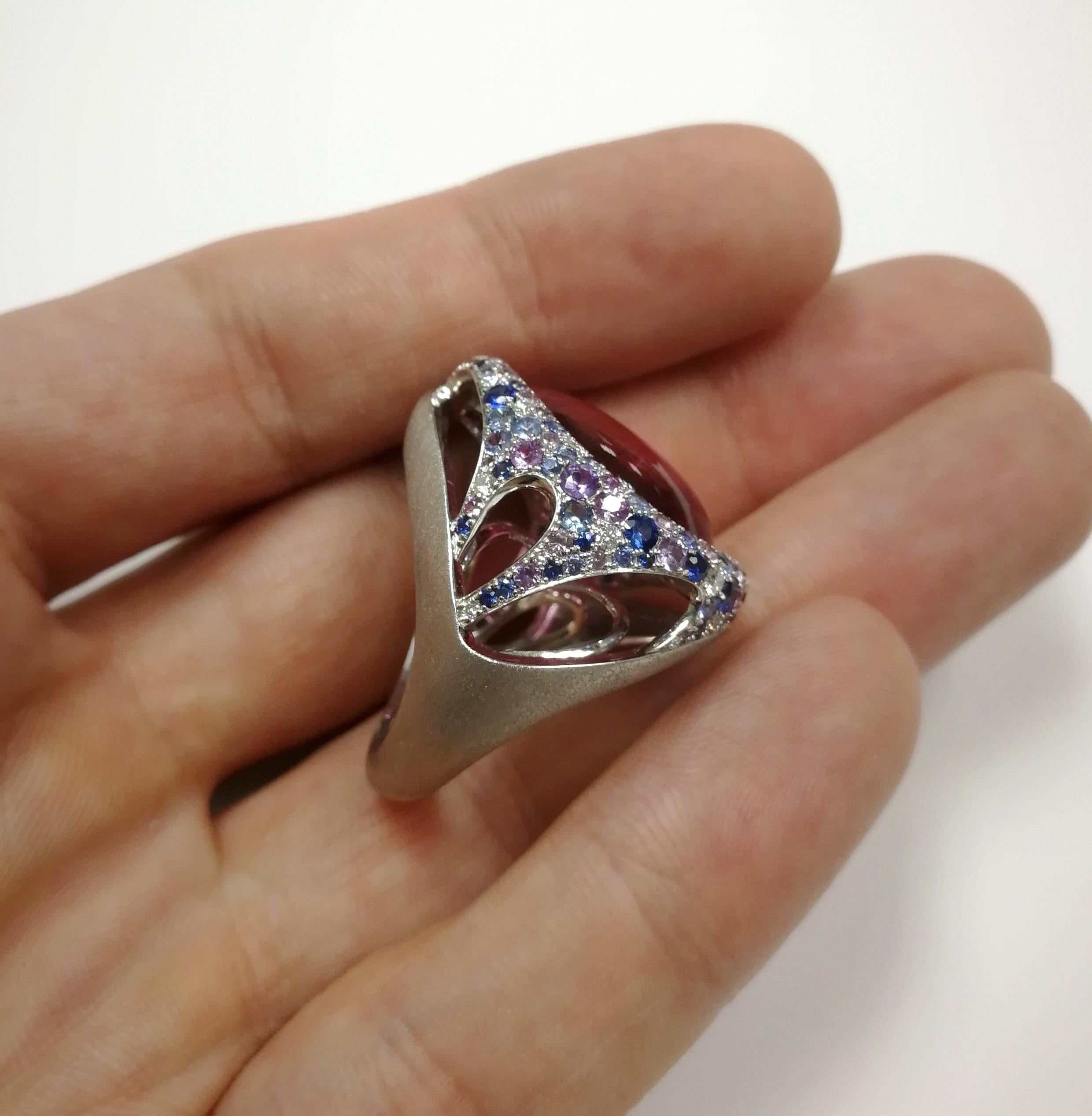 Rubellite 22.86 Carat Diamonds Sapphires 18 Karat White Gold Ring For Sale 1
