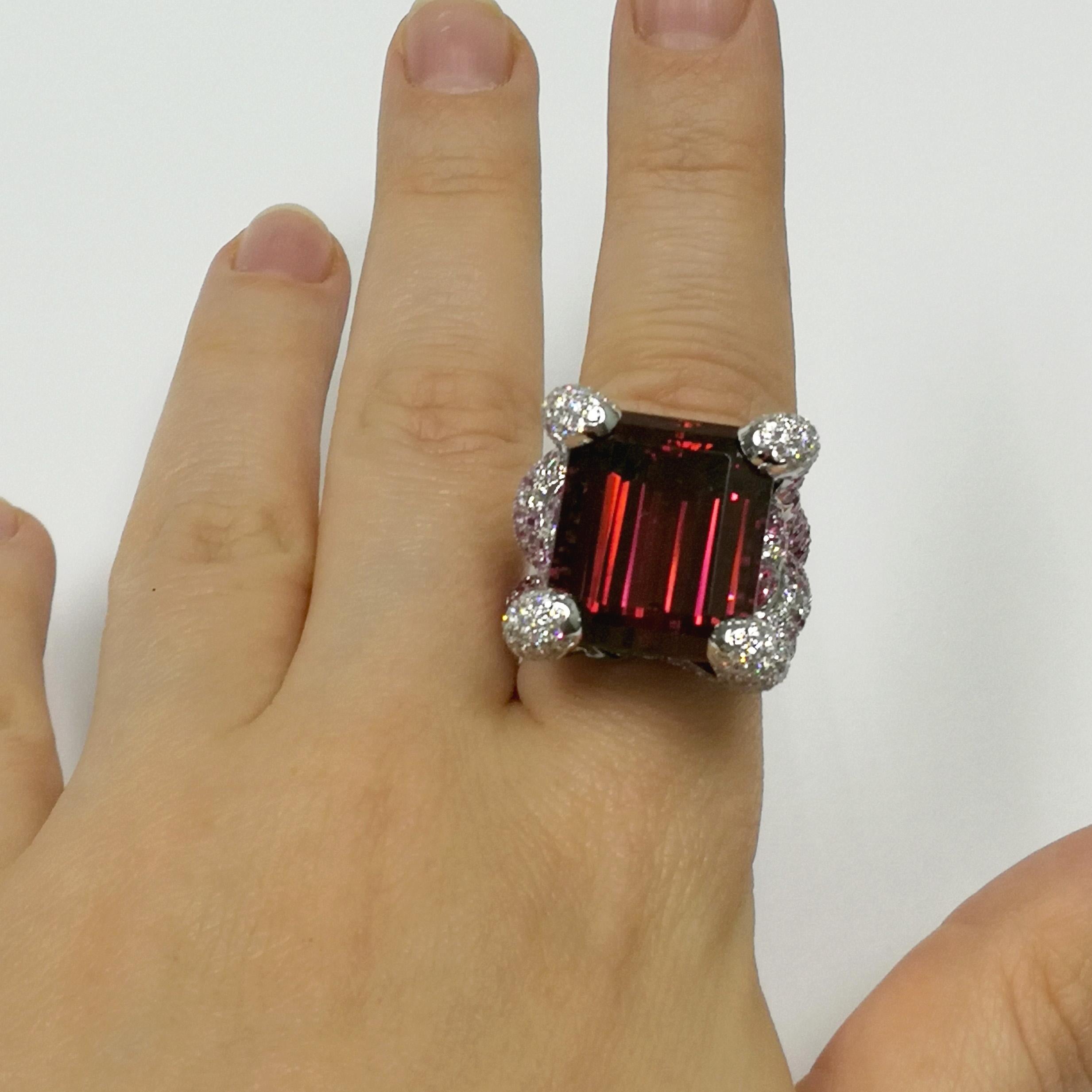 Rubellite 28.70 Carat Pink Sapphires Diamonds 18 Karat White Gold New Age Ring For Sale 5