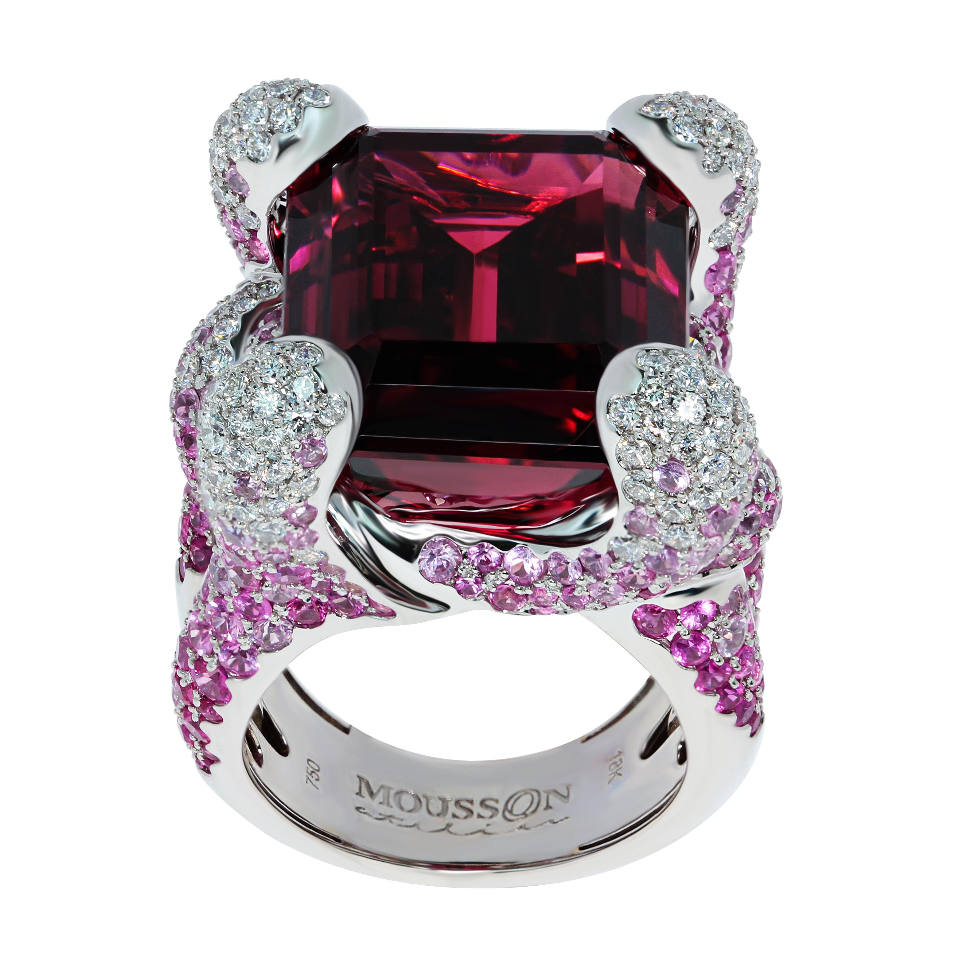Rubellite 28.70 Carat Pink Sapphires Diamonds 18 Karat White Gold New Age Ring
Look at this spectacular Top Quality 28.70 Ct Rubellite, hand-picked 296 Pink Sapphires weighing 5.71 Carat and 132 Diamonds weighing 1.46 Carat combination. This