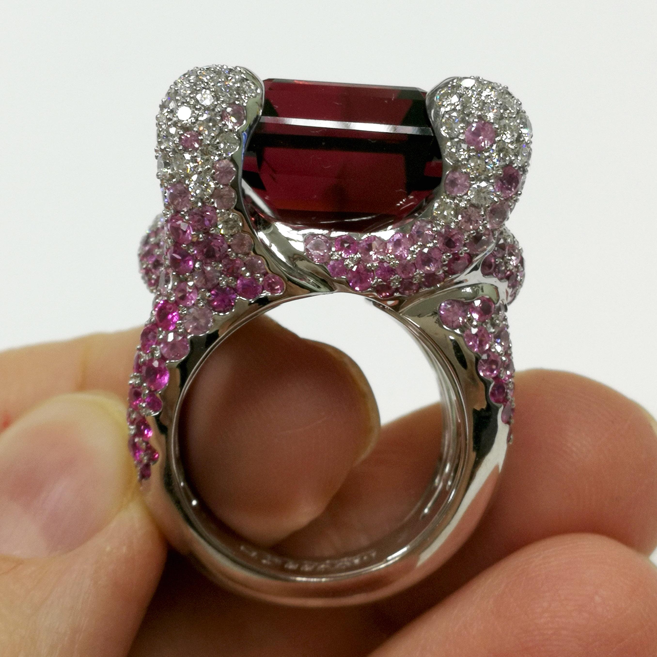 Octagon Cut Rubellite 28.70 Carat Pink Sapphires Diamonds 18 Karat White Gold New Age Ring For Sale