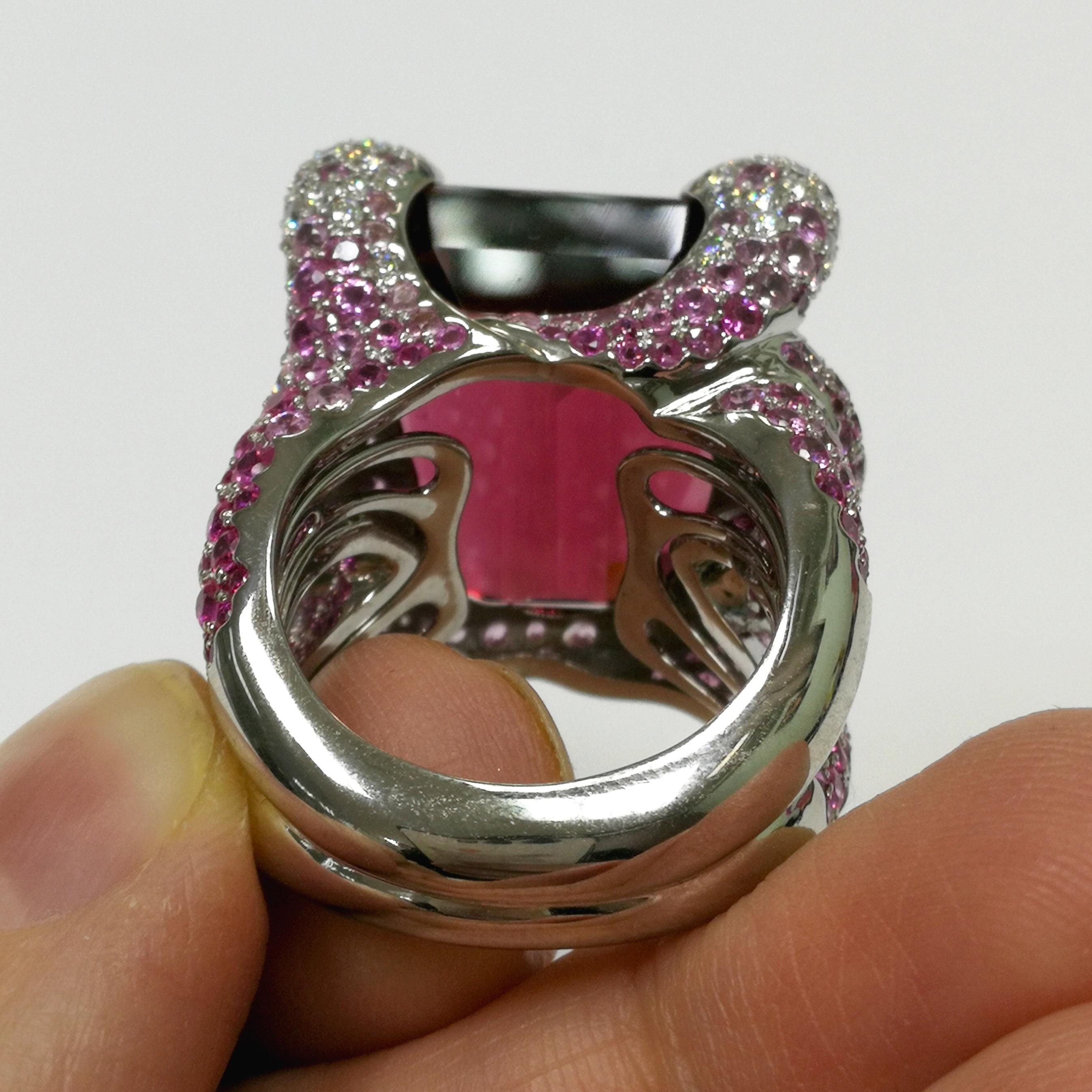 Rubellite 28.70 Carat Pink Sapphires Diamonds 18 Karat White Gold New Age Ring In New Condition In Bangkok, TH
