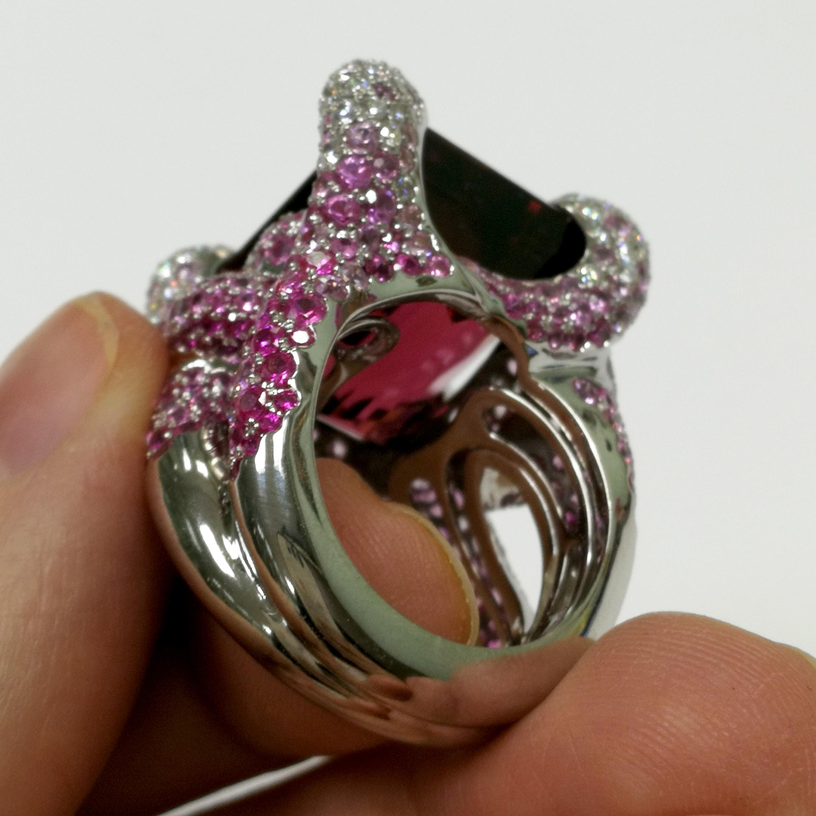Women's Rubellite 28.70 Carat Pink Sapphires Diamonds 18 Karat White Gold New Age Ring For Sale