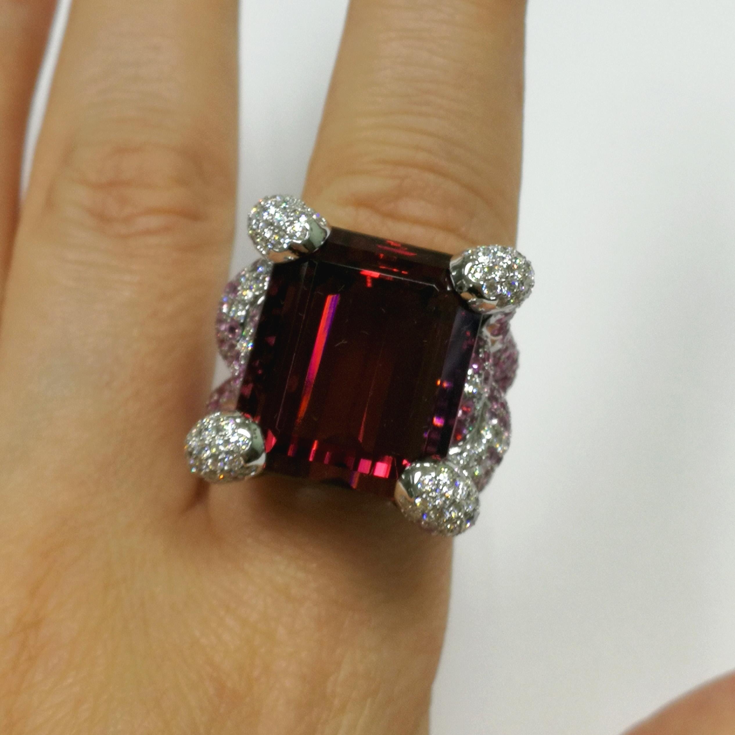 Rubellite 28.70 Carat Pink Sapphires Diamonds 18 Karat White Gold New Age Ring For Sale 1