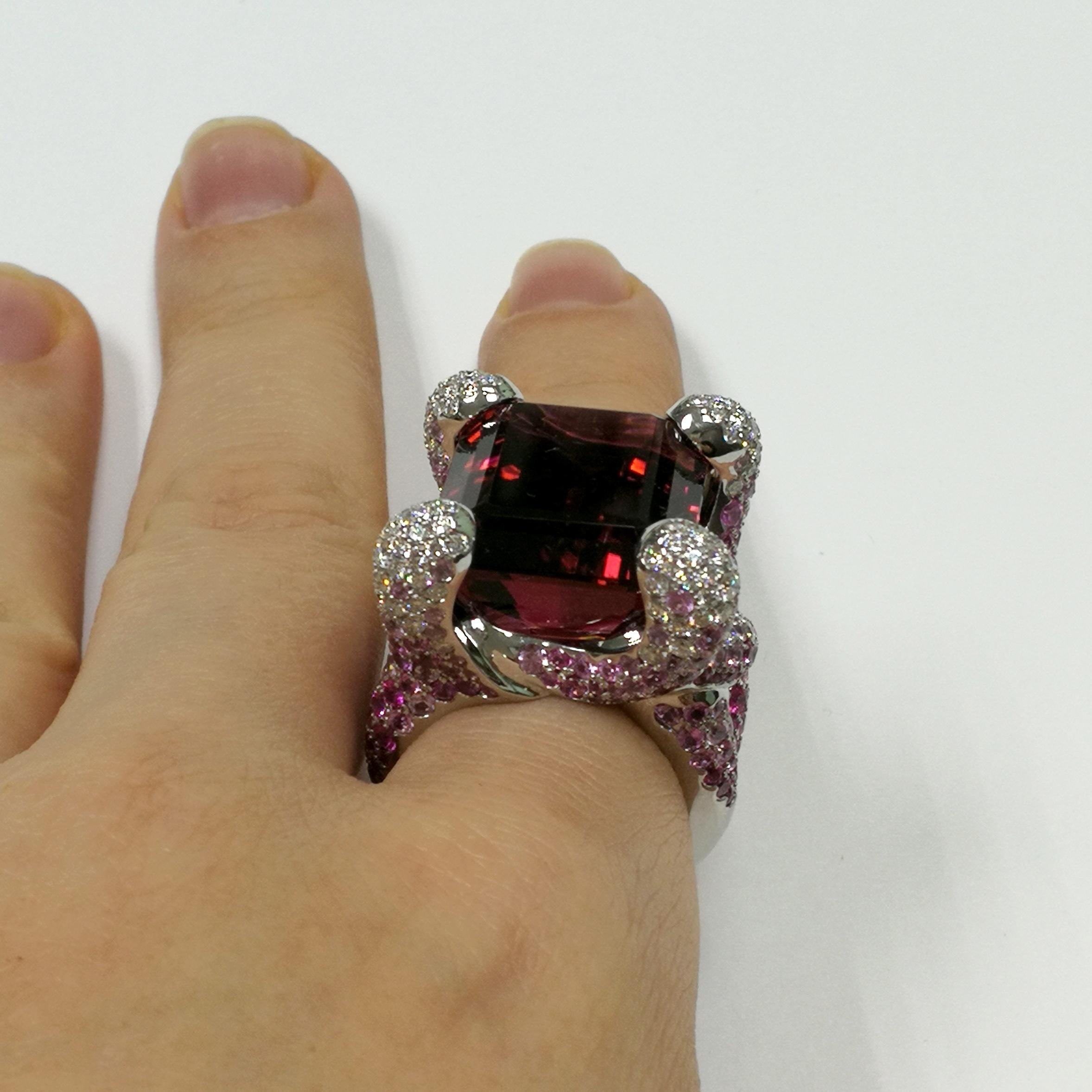 Rubellite 28.70 Carat Pink Sapphires Diamonds 18 Karat White Gold New Age Ring 2