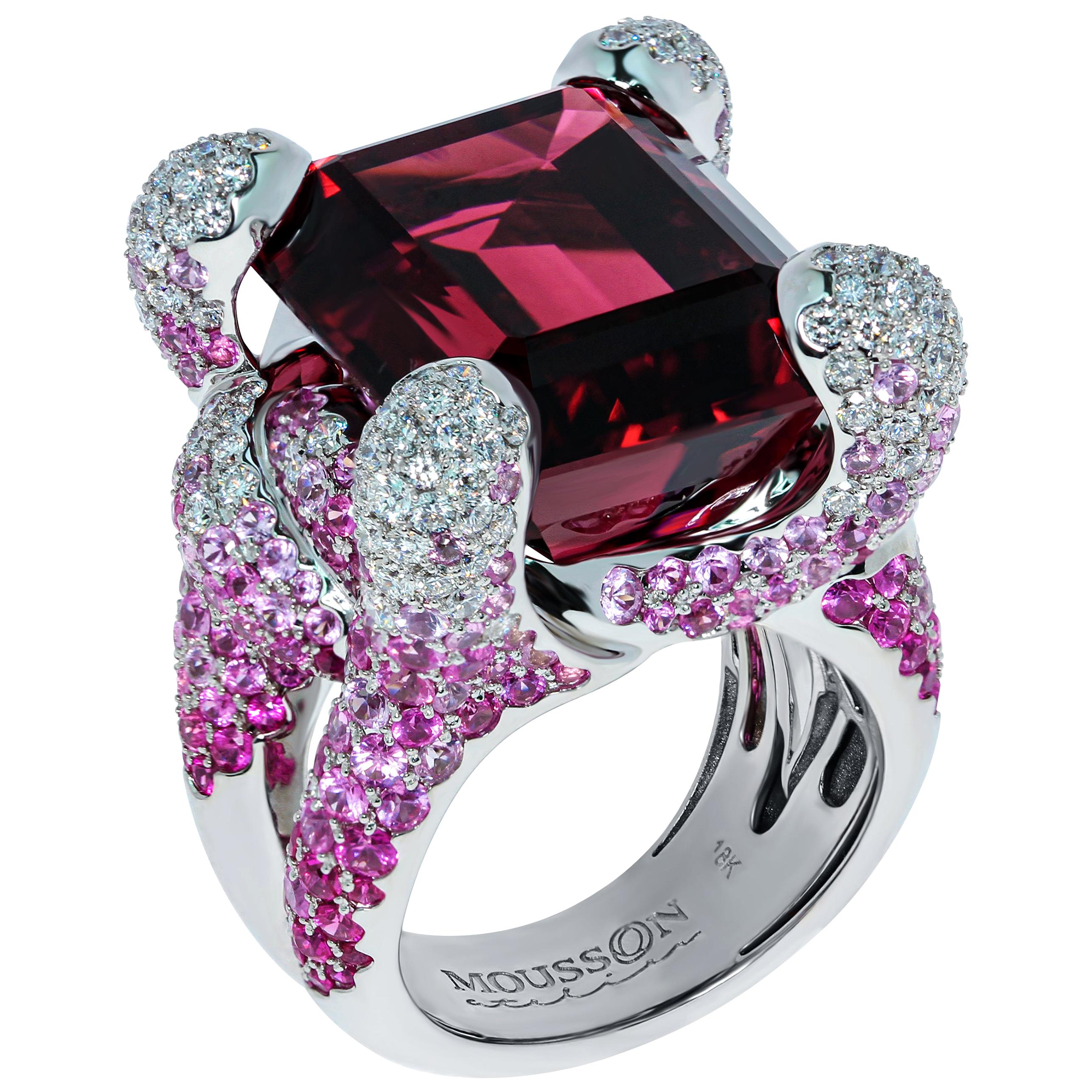 Rubellite 28.70 Carat Pink Sapphires Diamonds 18 Karat White Gold New Age Ring For Sale