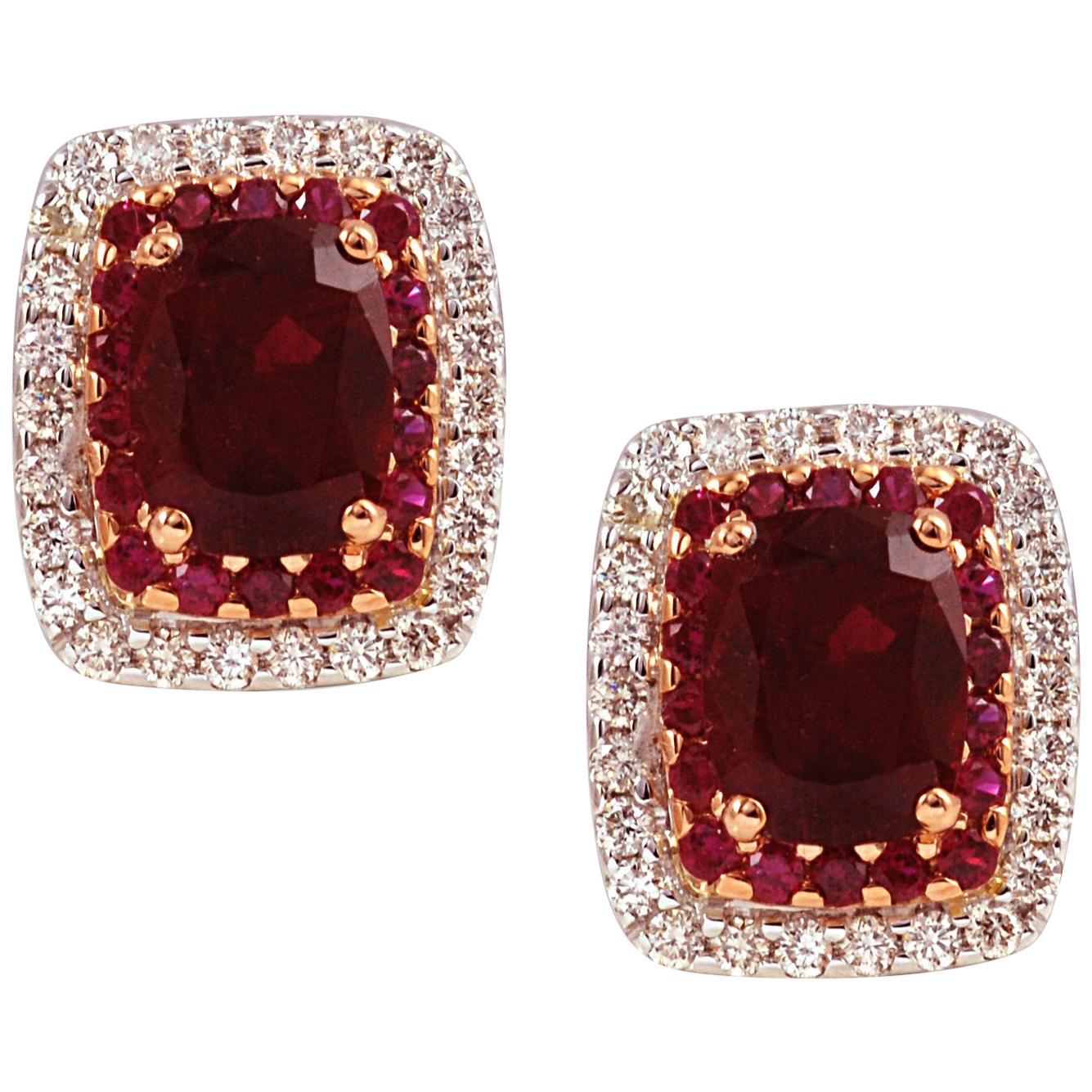 Rubellite 3.70 cts, Ruby 0.71 ct, Diamond 0.84ct Earrings in 18 Karat White Gold For Sale