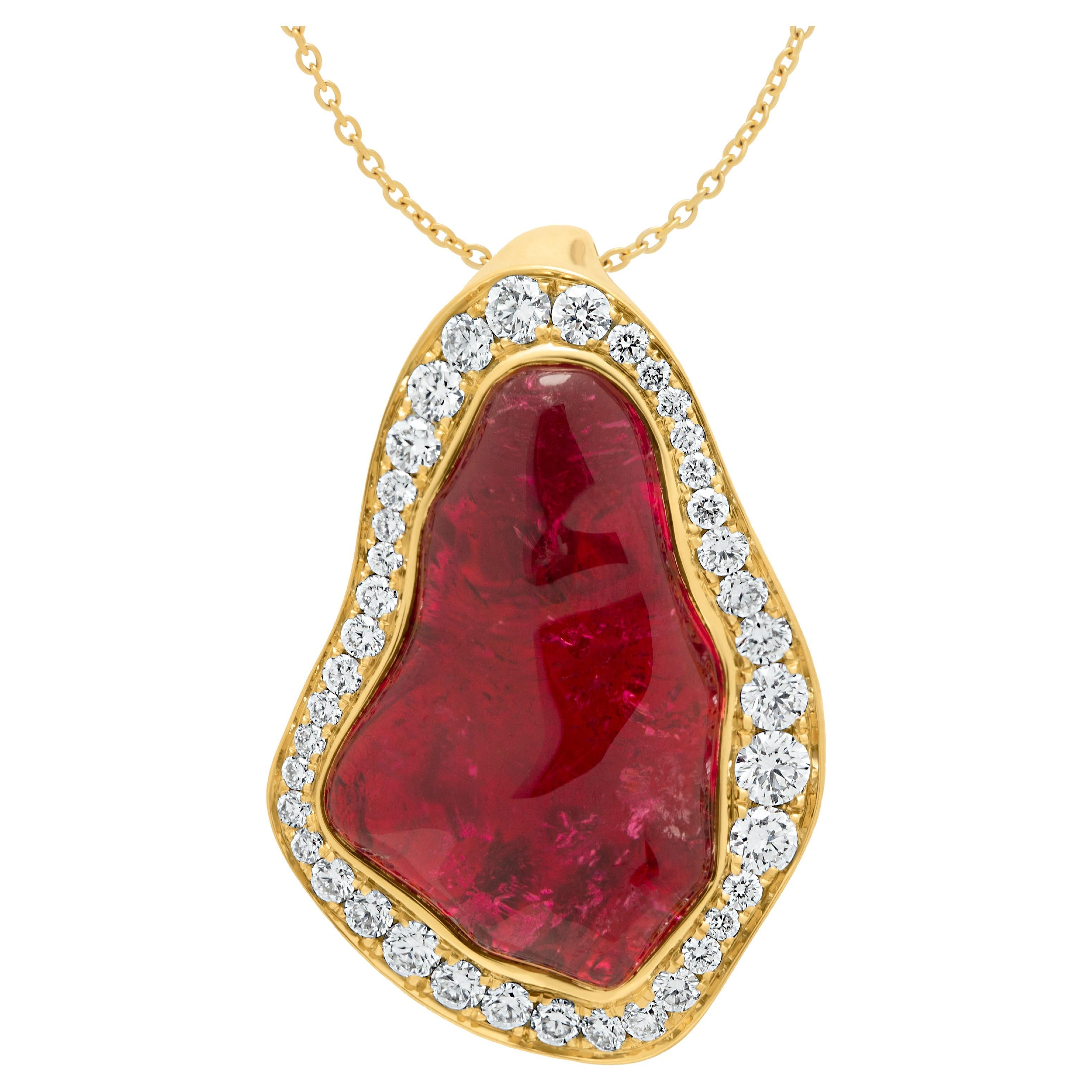 Rubellite 9.86 Carat Diamonds 18 Karat Yellow Gold Spectrum Pendant