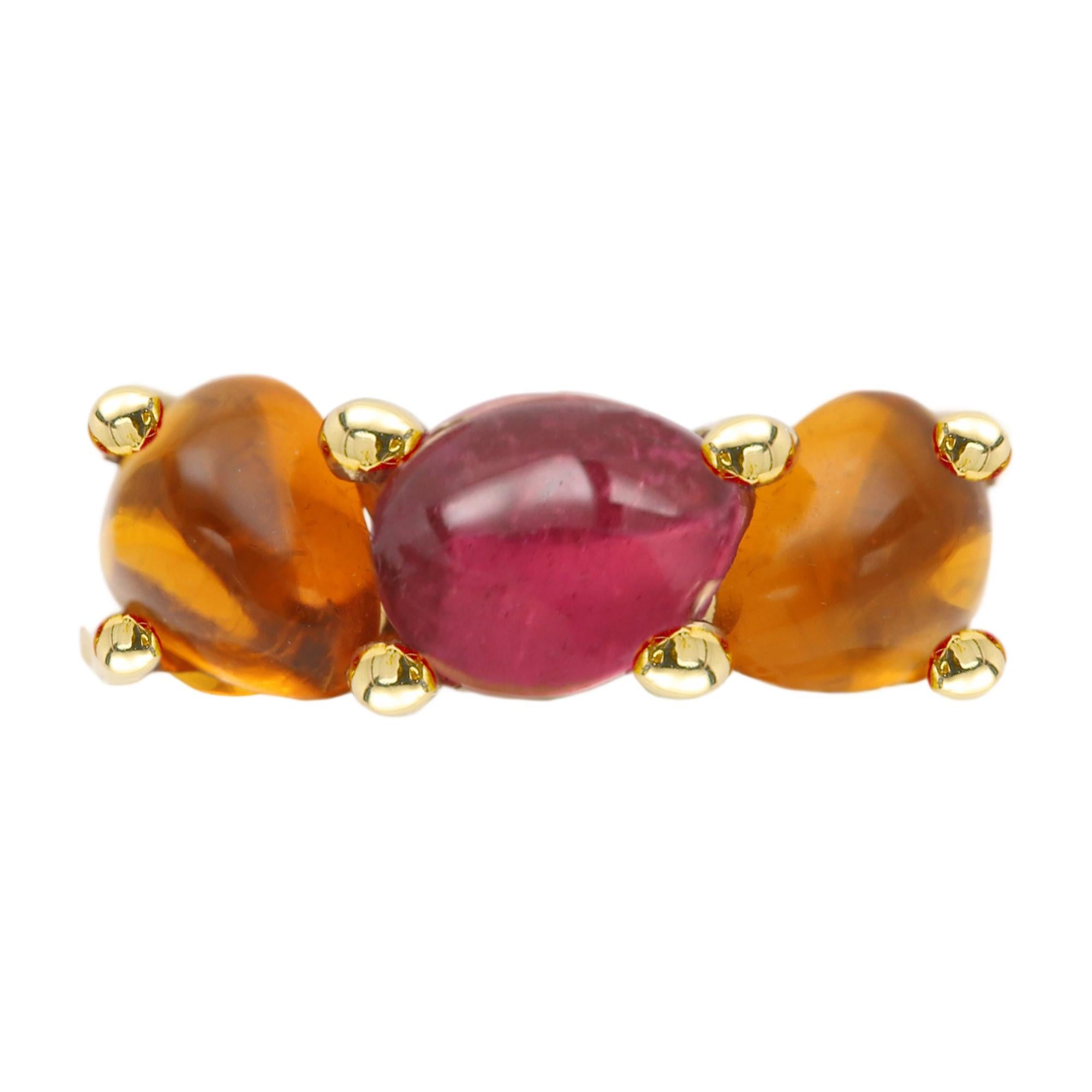 Rubelita y citrino cabujón 14 Quilates vintage Anillo gemas rojas y naranjas en venta 4