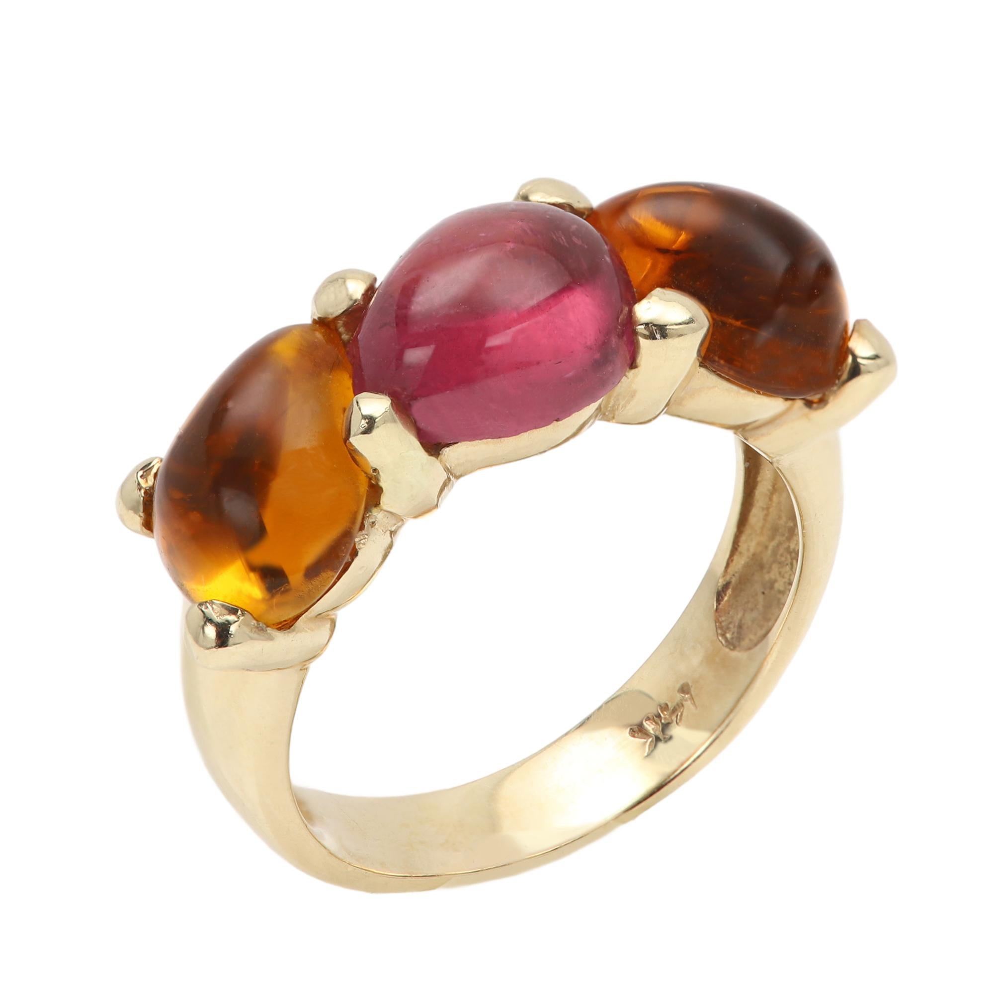 Rubelita y citrino cabujón 14 Quilates vintage Anillo gemas rojas y naranjas en venta 5