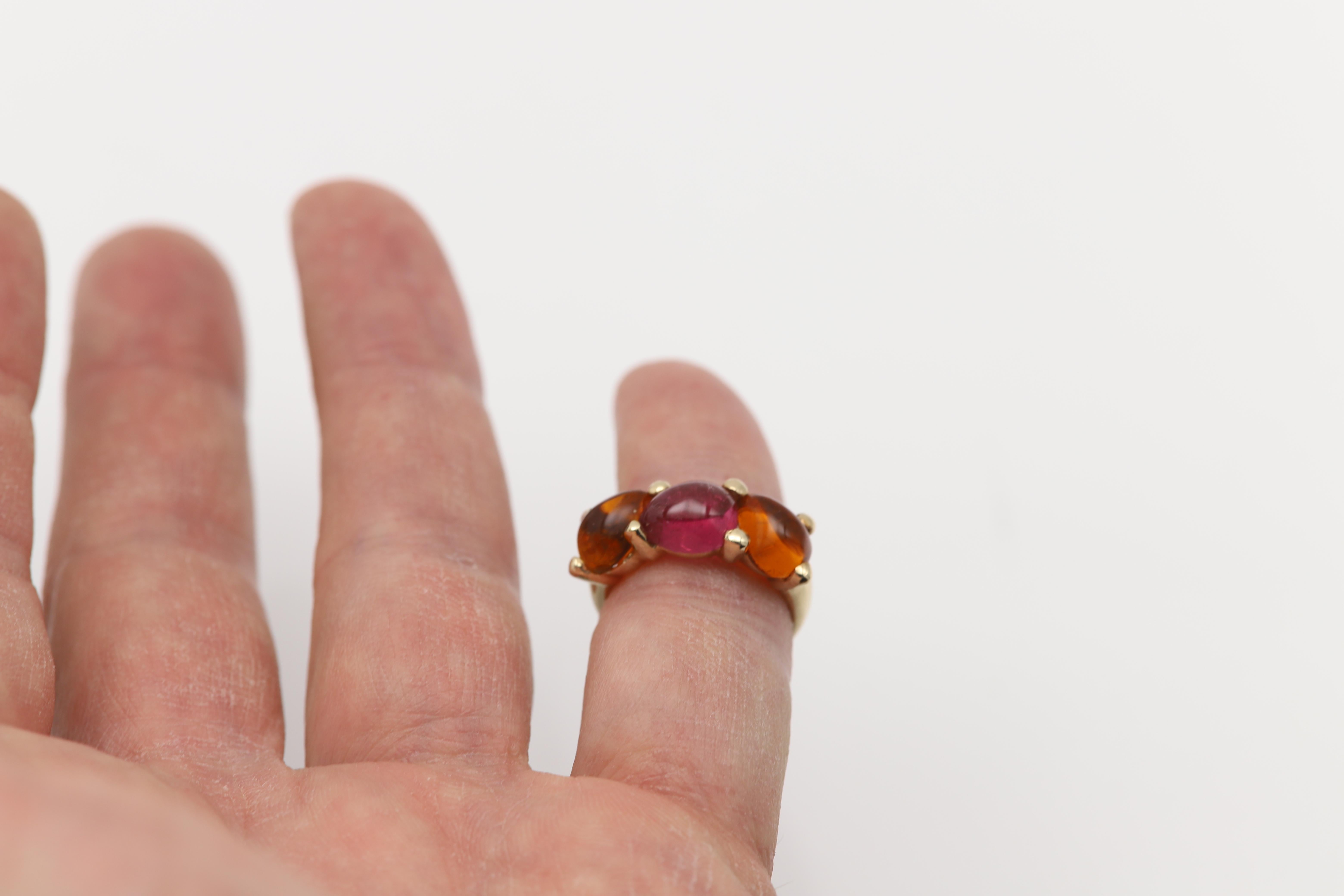 Rubelita y citrino cabujón 14 Quilates vintage Anillo gemas rojas y naranjas Art Decó en venta