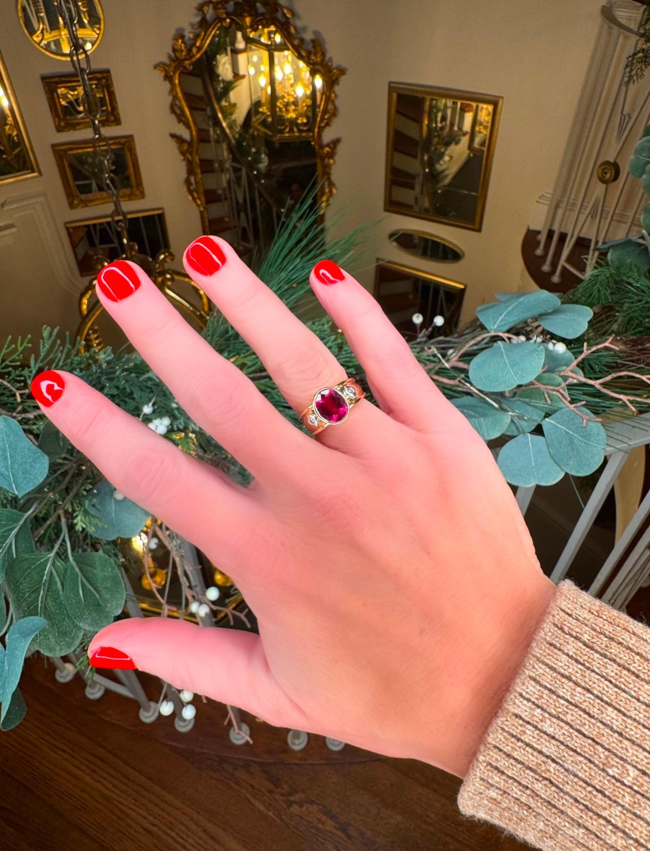 Modern Rubellite and Diamond 14K Ring For Sale