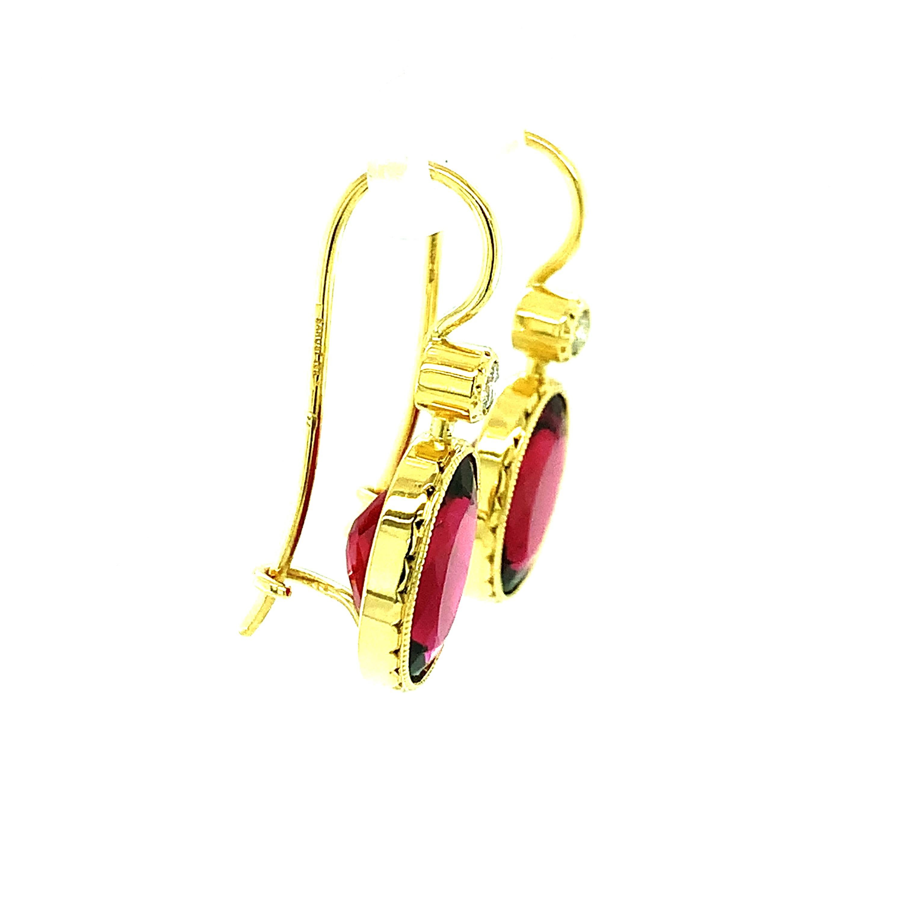 Rubellite and Diamond Drop Earrings, Handmade in Yellow Gold  In New Condition For Sale In Los Angeles, CA