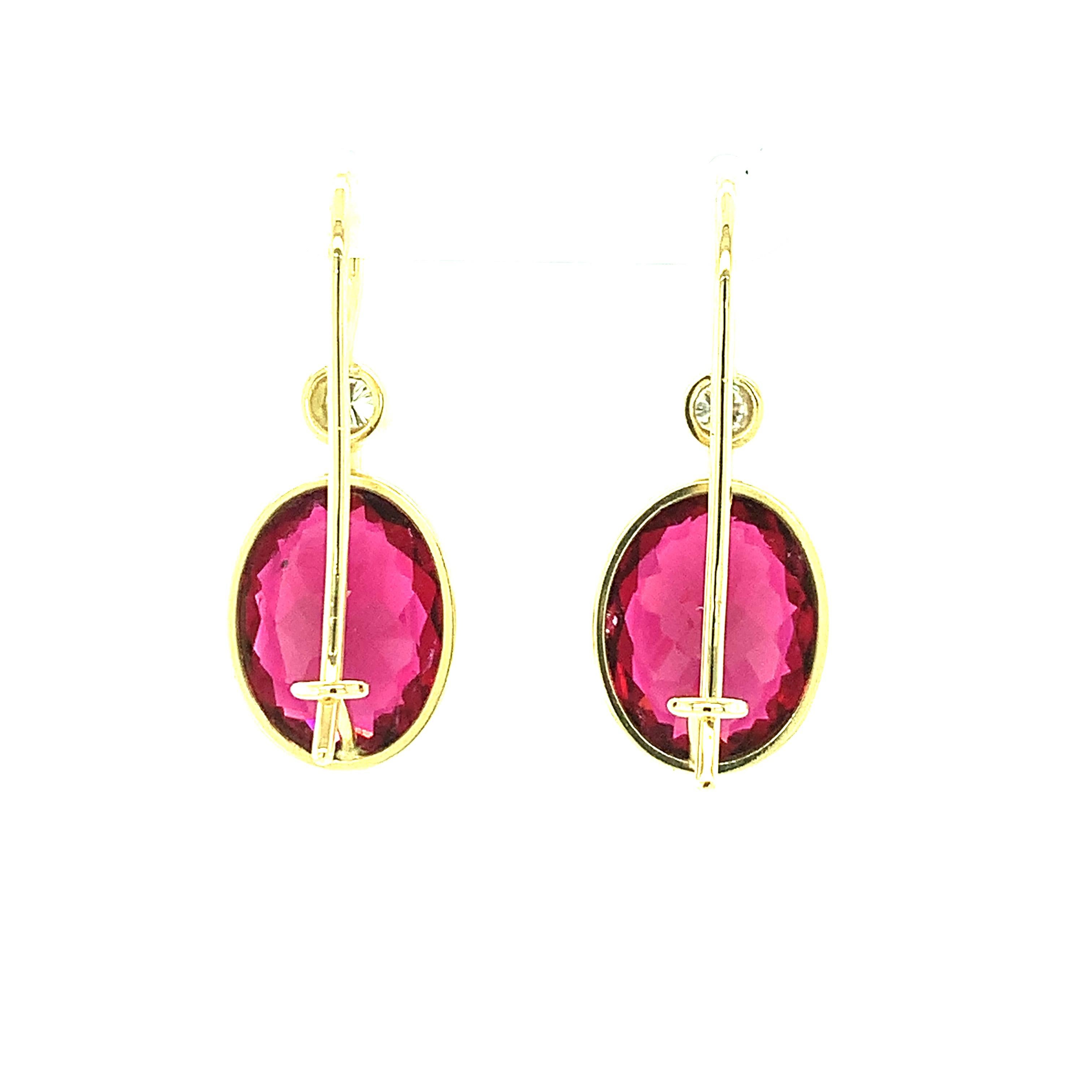 Women's Rubellite and Diamond Drop Earrings, Handmade in Yellow Gold  For Sale