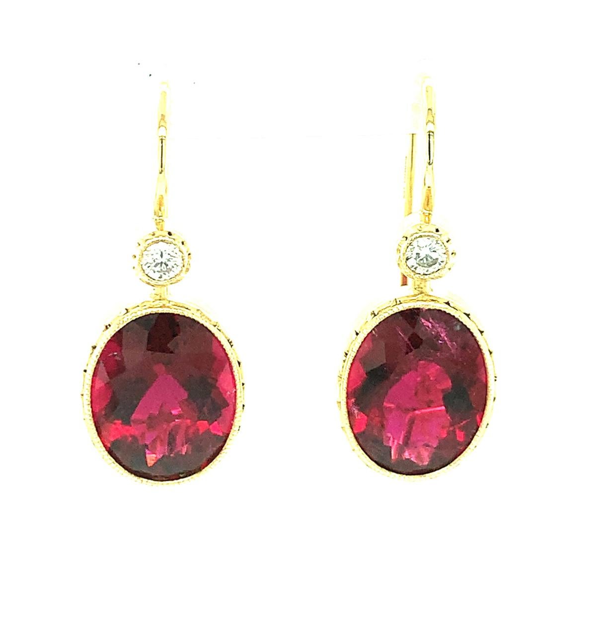 Oval Cut Rubellite and Diamond Drop Earrings, Handmade in Yellow Gold  For Sale